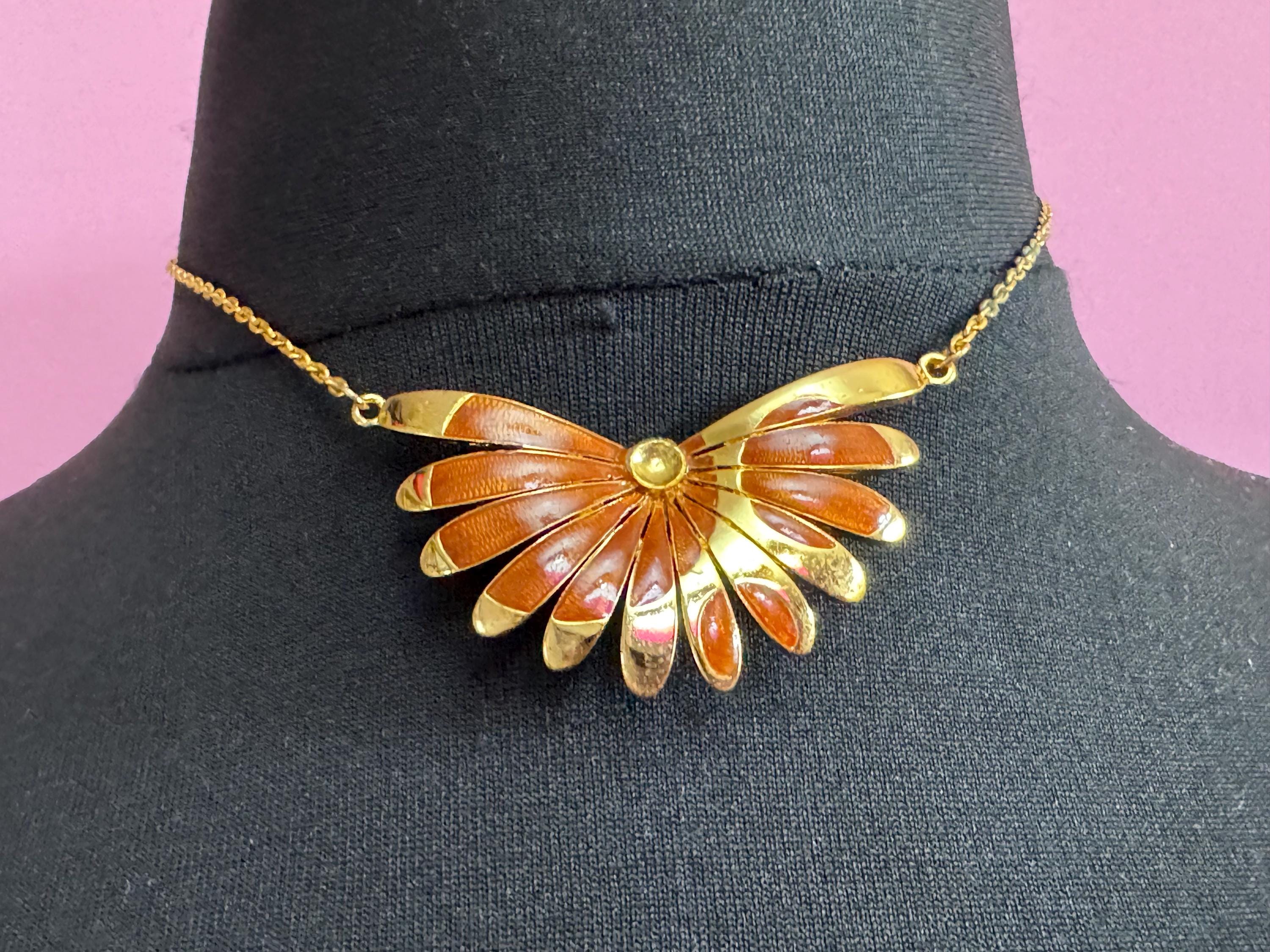 Signed ORENA brown necklace, Paris chocolate enamel pendant, gold plated