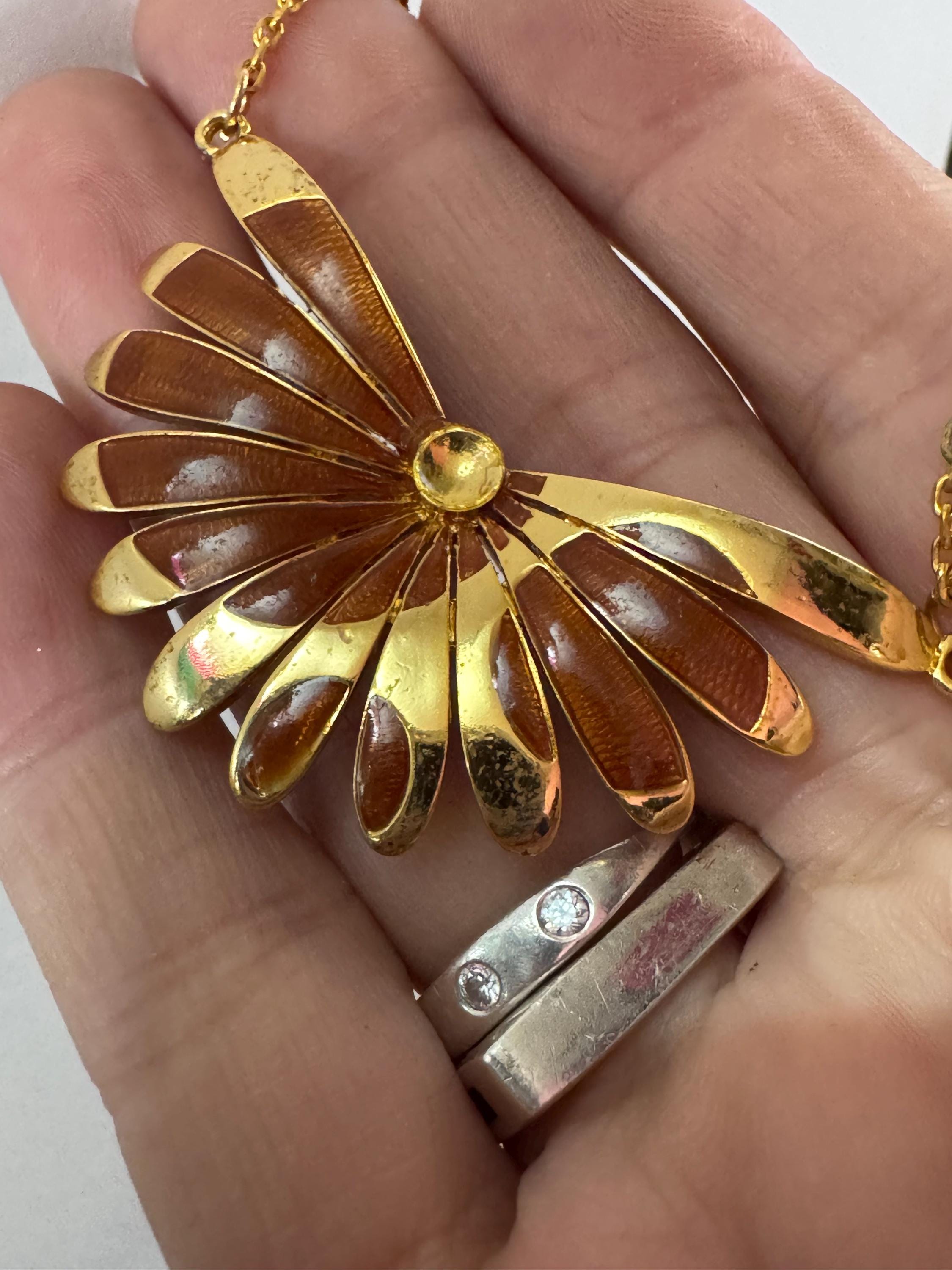 Signed ORENA brown necklace, Paris chocolate enamel pendant, gold plated