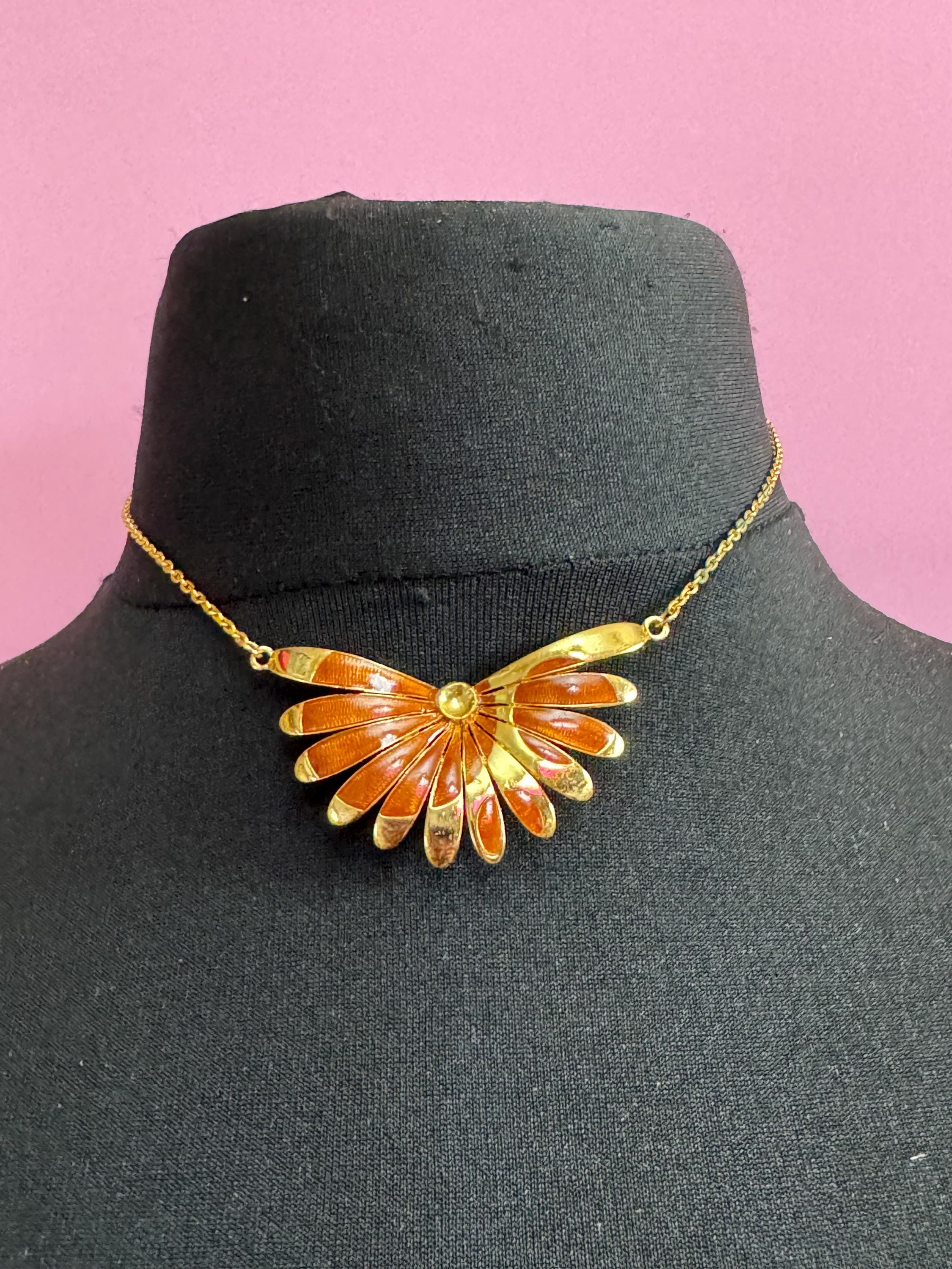 Signed ORENA brown necklace, Paris chocolate enamel pendant, gold plated