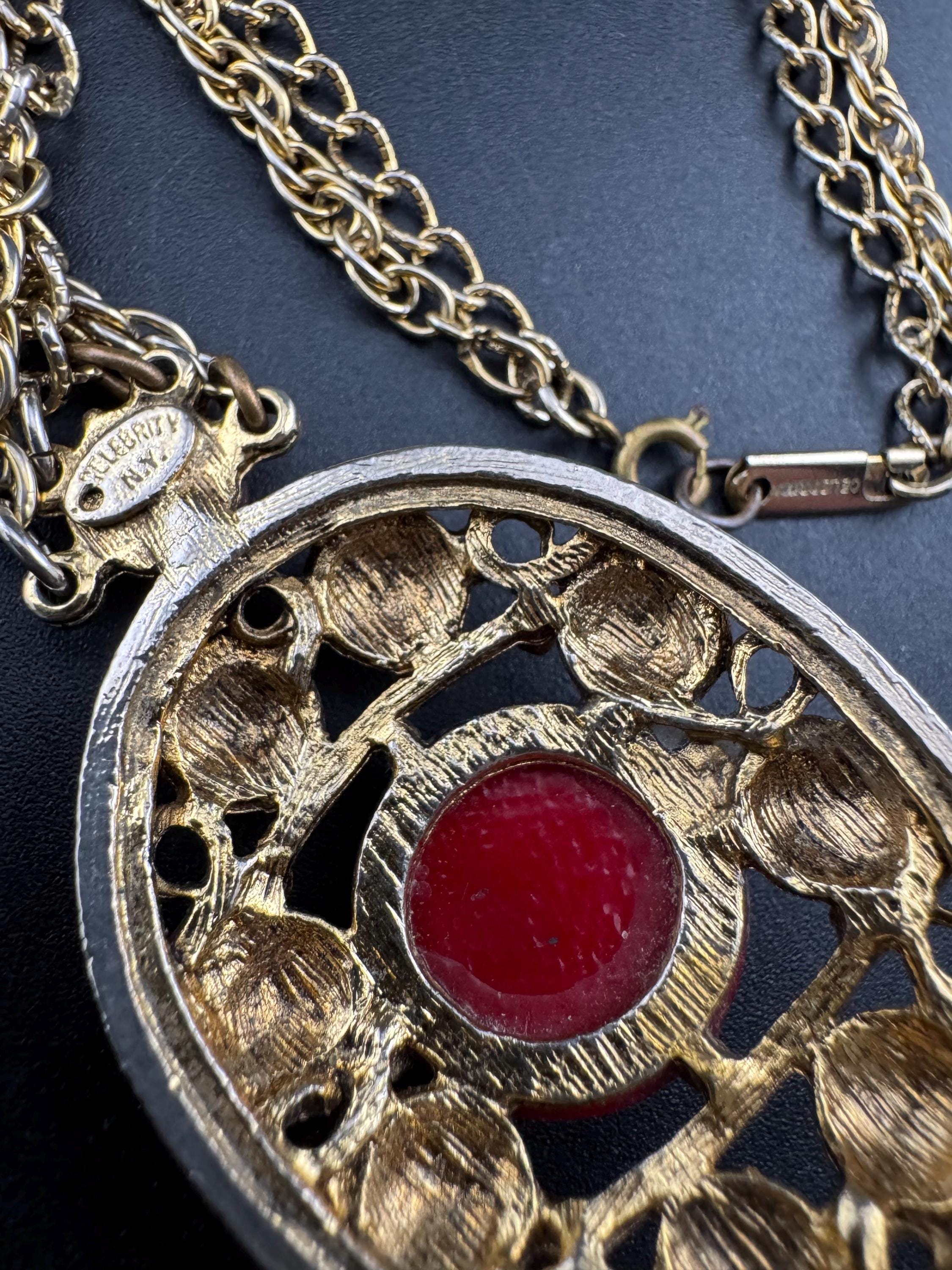 Signed CELEBRITY long gold rope chain red Etruscan pendant necklace