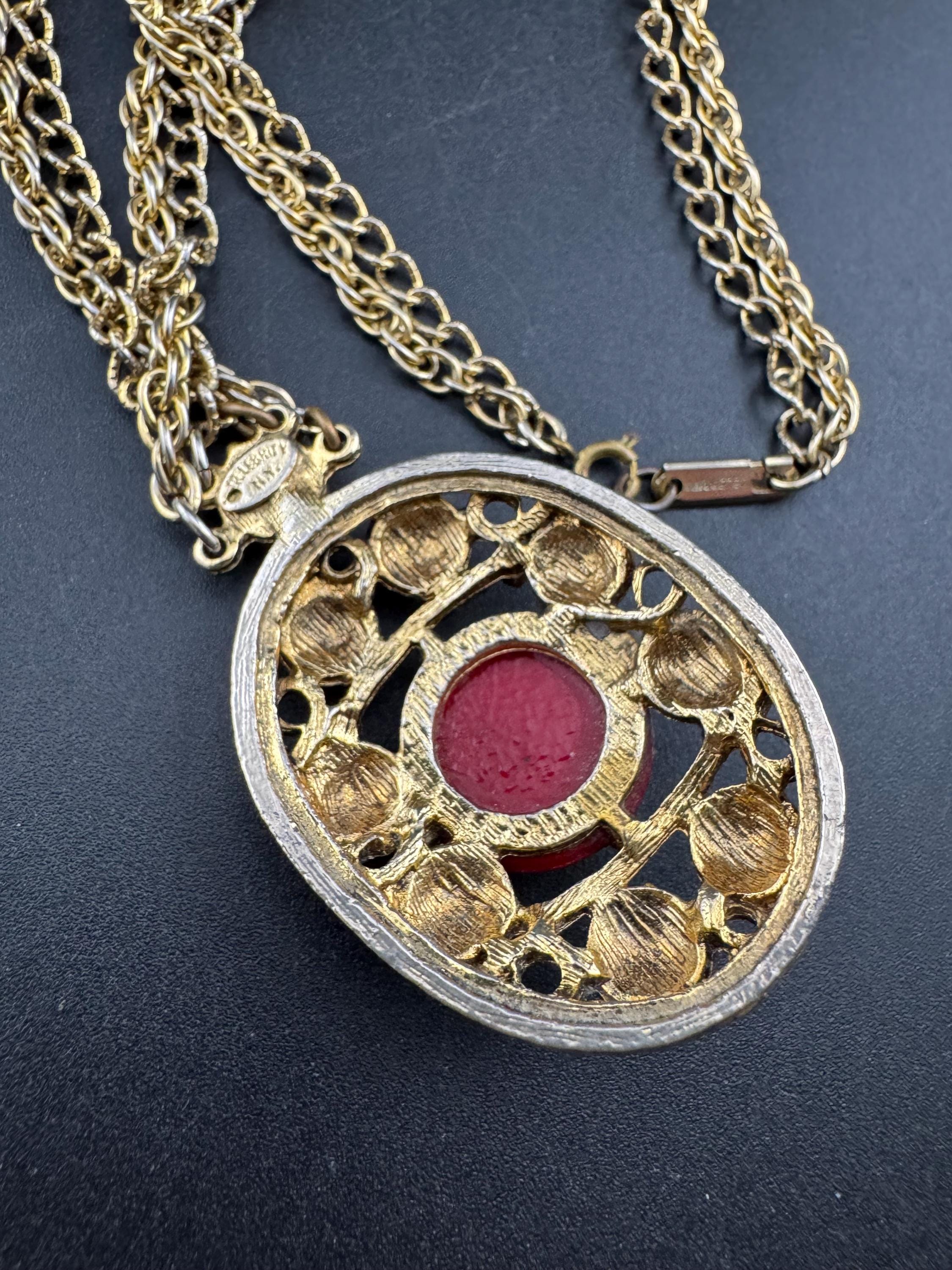 Signed CELEBRITY long gold rope chain red Etruscan pendant necklace