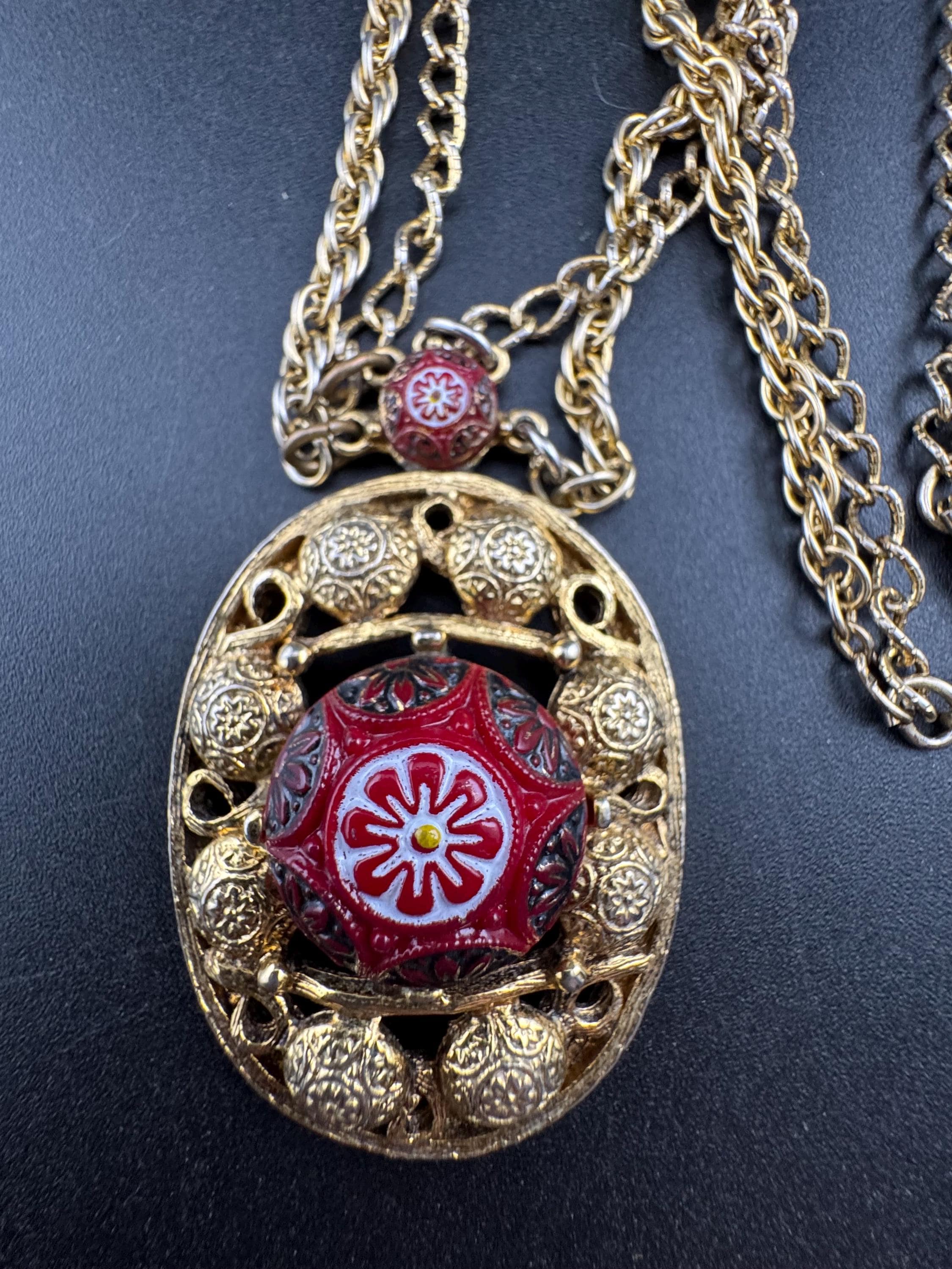 Signed CELEBRITY long gold rope chain red Etruscan pendant necklace