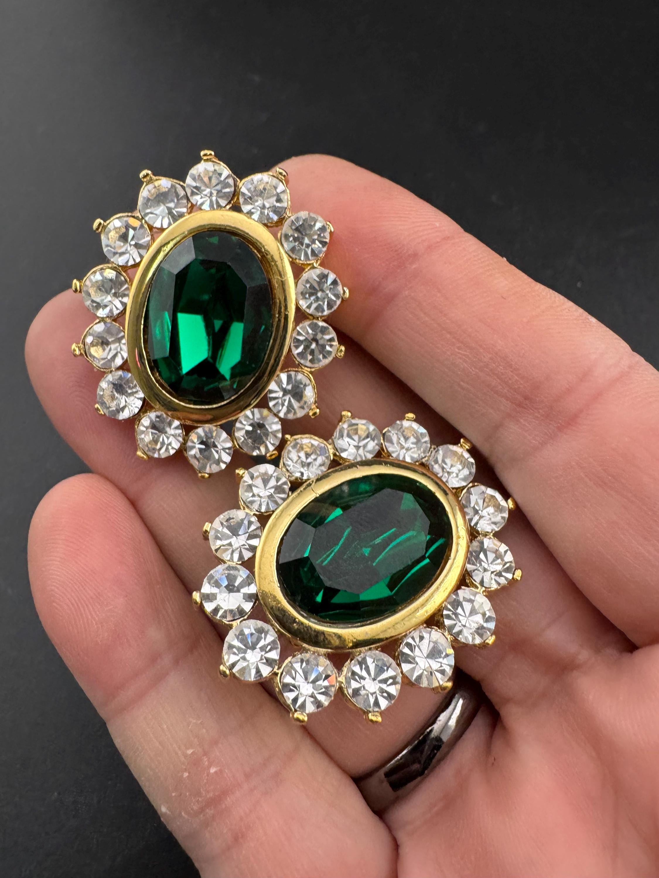 Emerald Green oval Crystal Earrings: Swarovski, Gold Tone, 1980s Stock