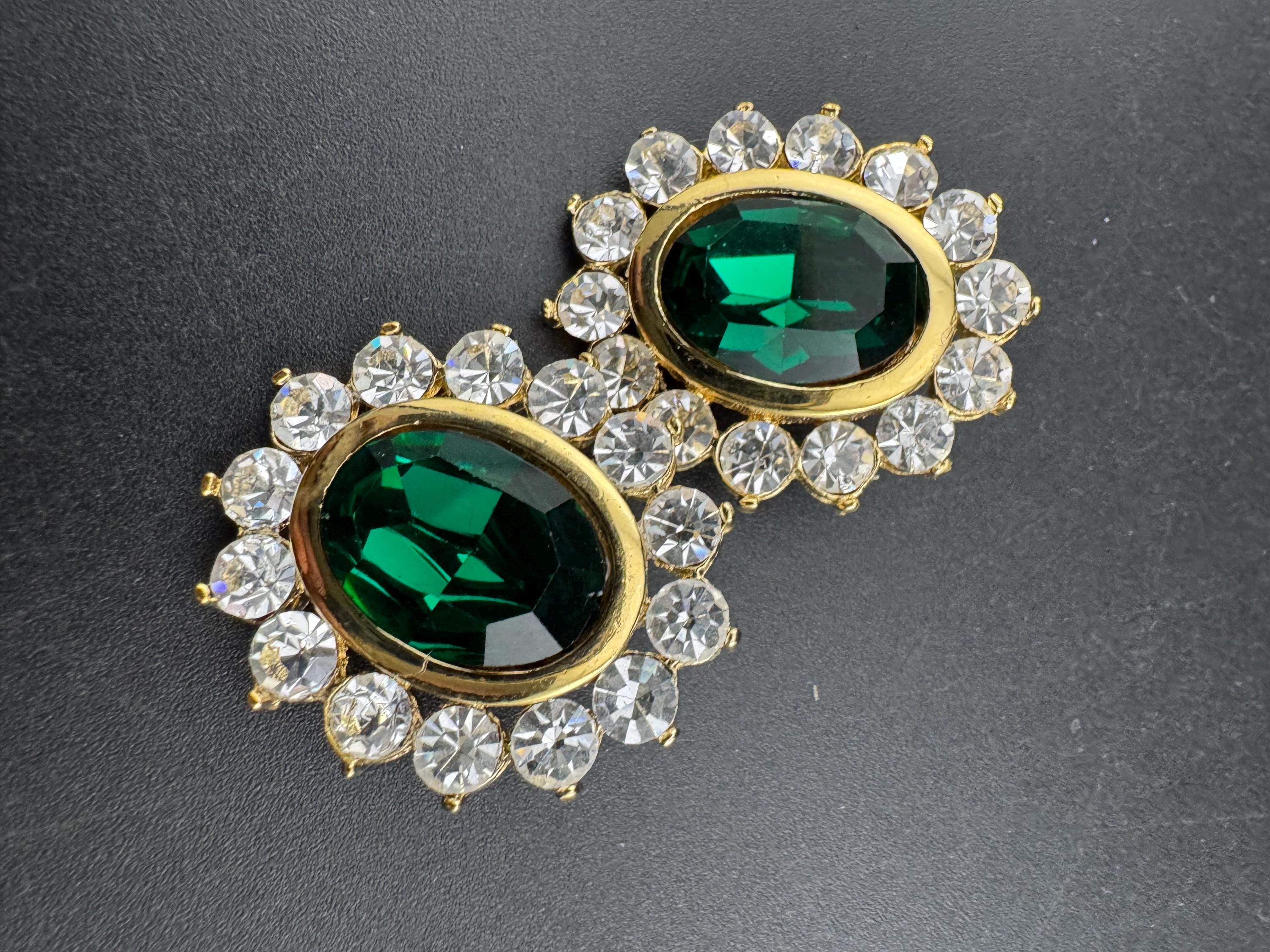 Emerald Green oval Crystal Earrings: Swarovski, Gold Tone, 1980s Stock