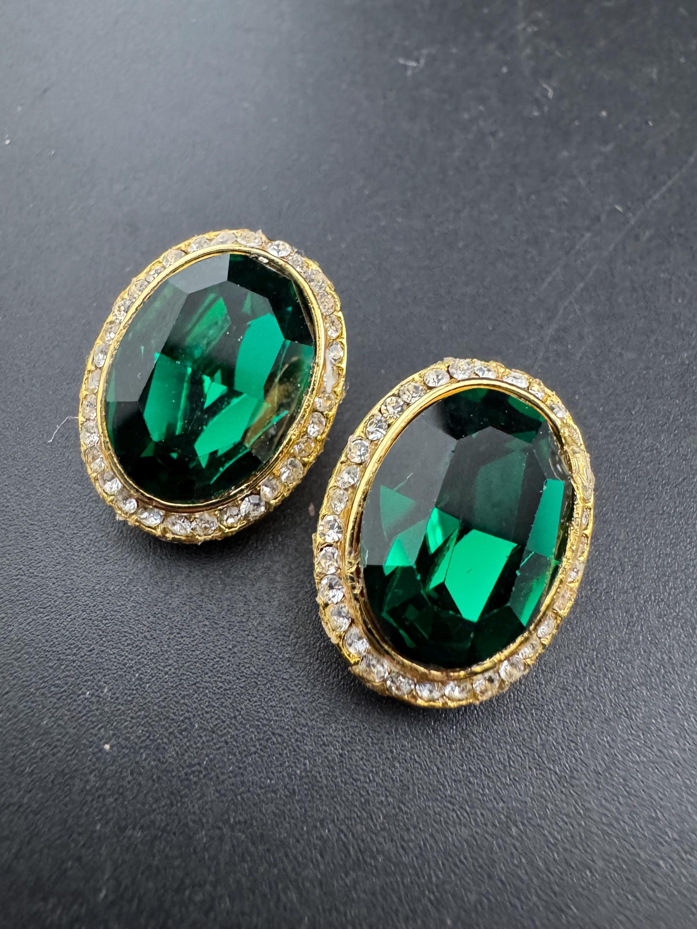 Emerald Green oval Crystal Earrings: Swarovski, Gold Tone, 1980s Stock