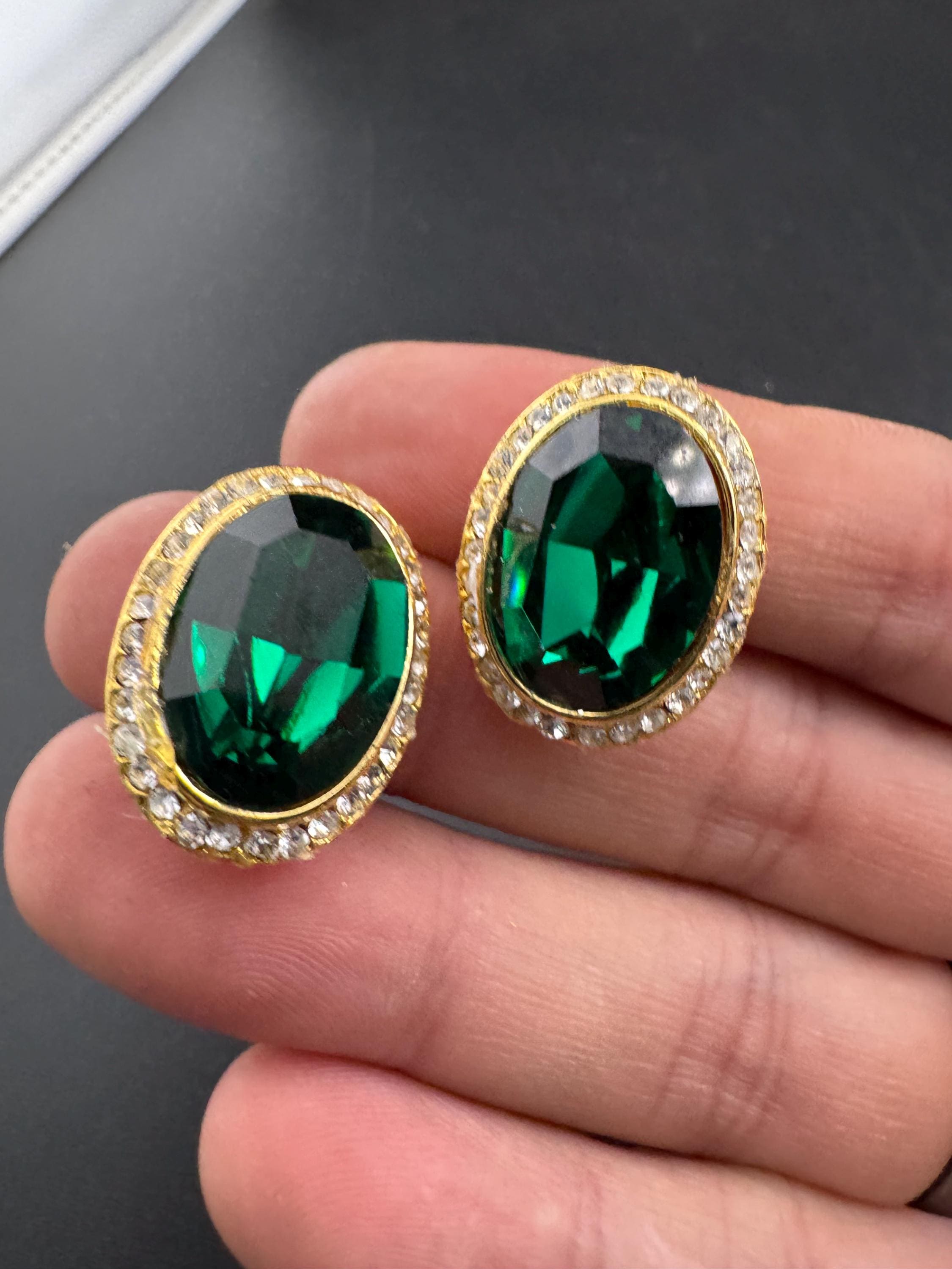 Emerald Green oval Crystal Earrings: Swarovski, Gold Tone, 1980s Stock