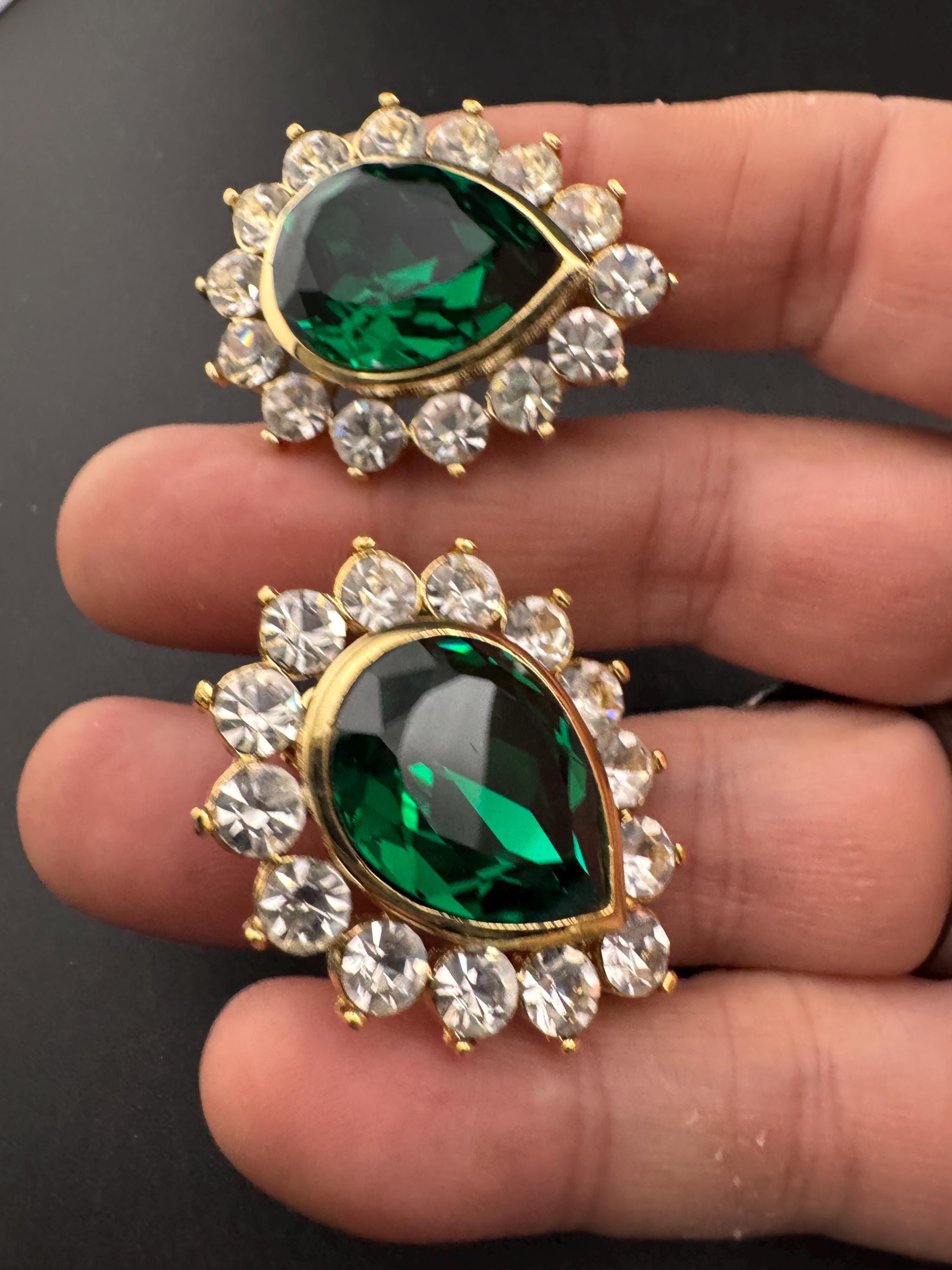 Emerald Green teardrop Crystal Earrings: Swarovski, Gold Tone, 1980s Stock