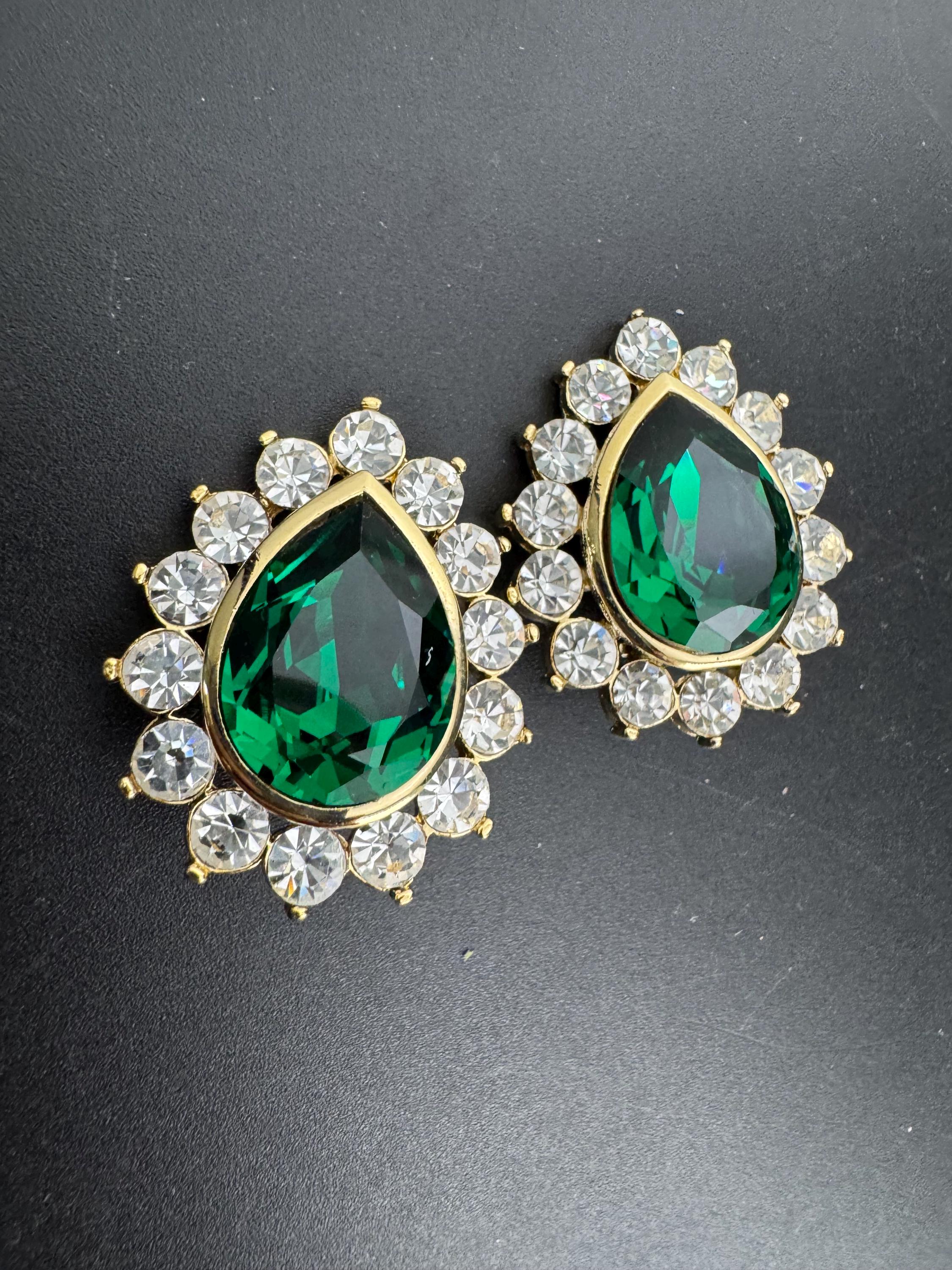 Emerald Green teardrop Crystal Earrings: Swarovski, Gold Tone, 1980s Stock