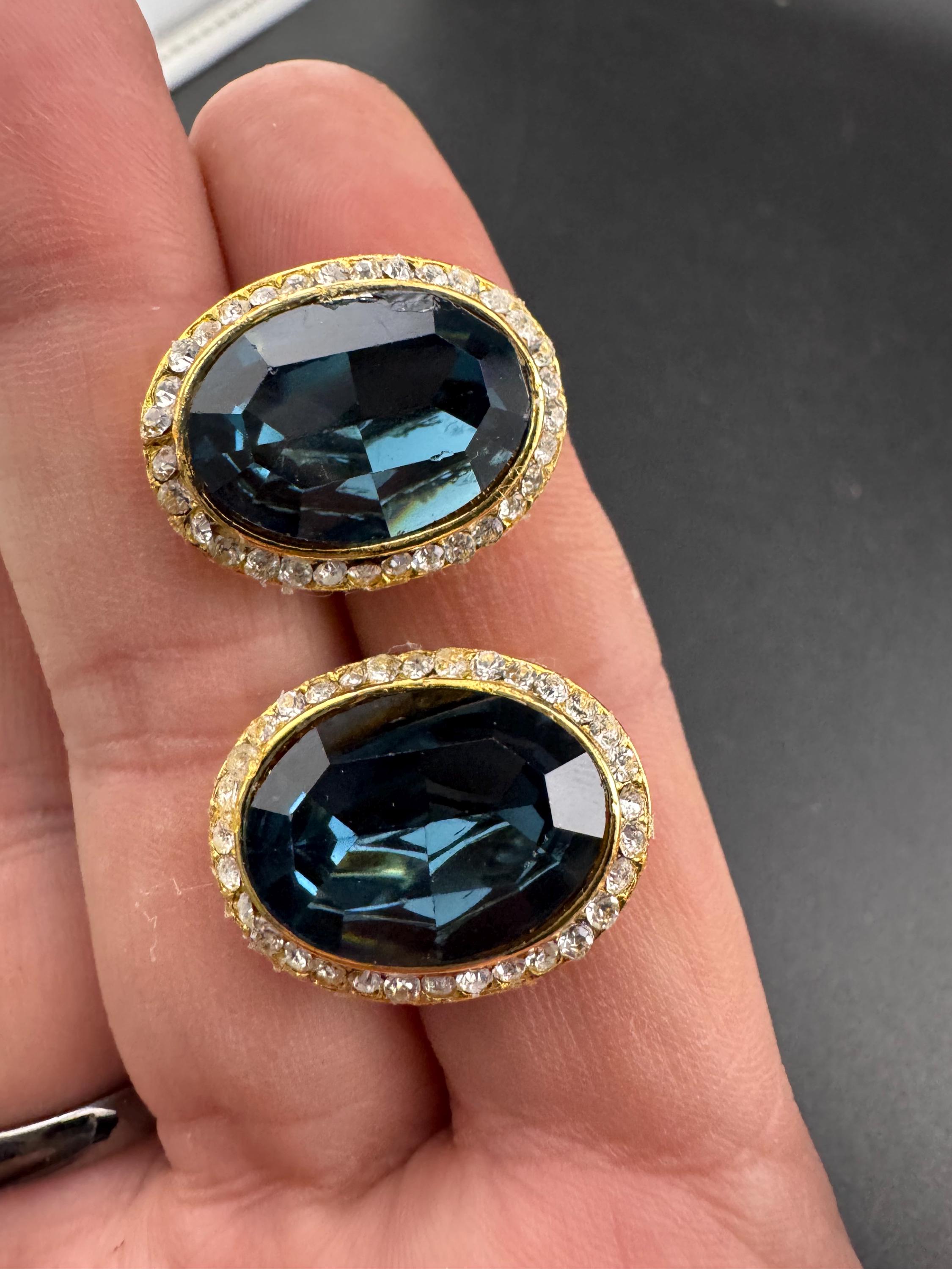 Sapphire Blue Swarovski Crystal clip on Earrings - 1980s gold tone
