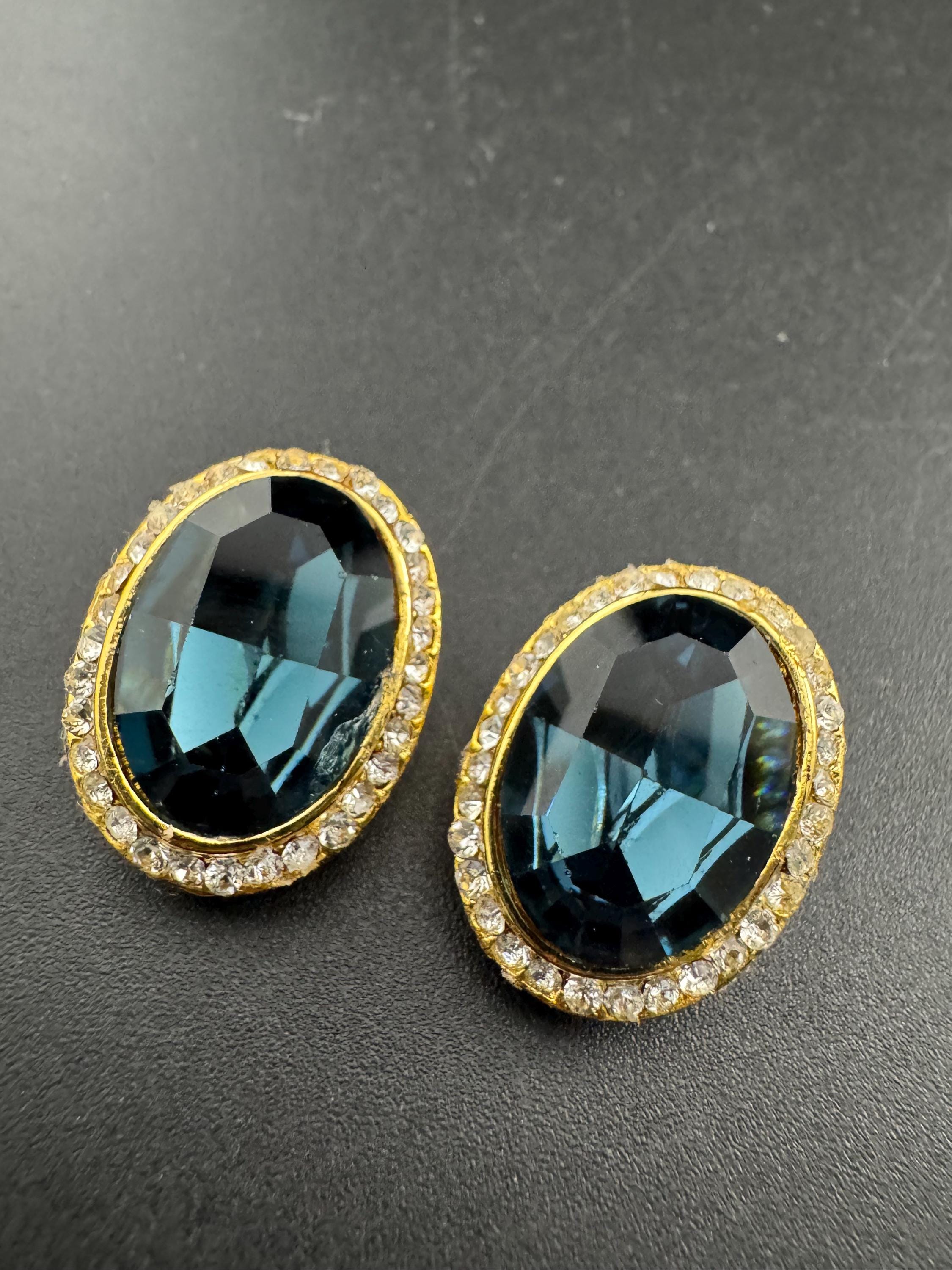 Sapphire Blue Swarovski Crystal clip on Earrings - 1980s gold tone