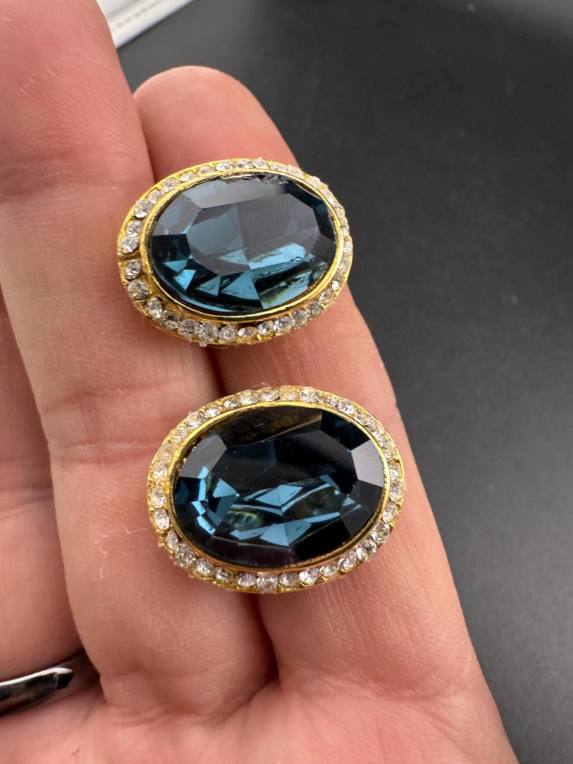 Sapphire Blue Swarovski Crystal clip on Earrings - 1980s gold tone
