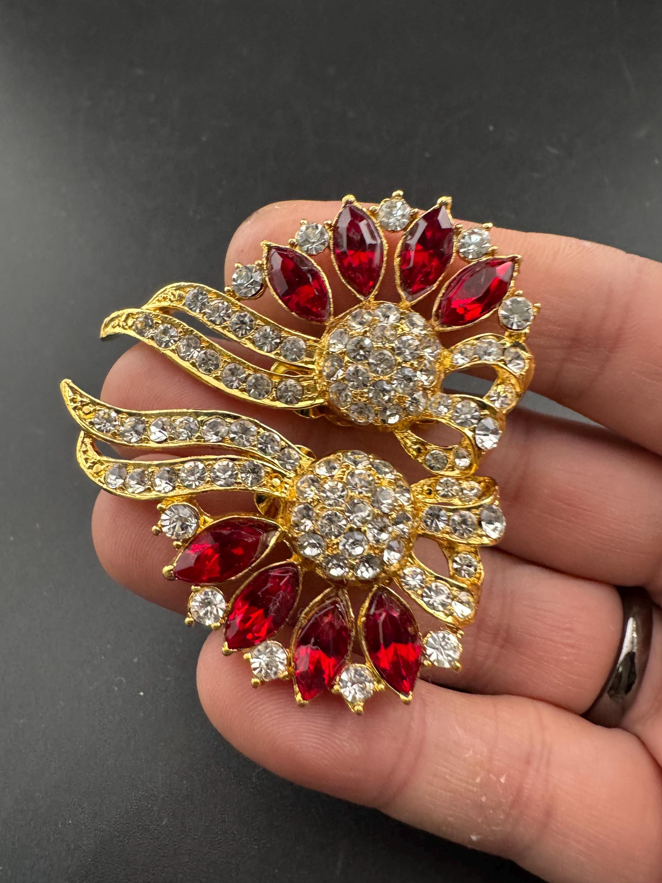 Vintage Swarovski Crystal Ruby Fan Earrings: Oversized Gold Tone Red Studs, 1980s