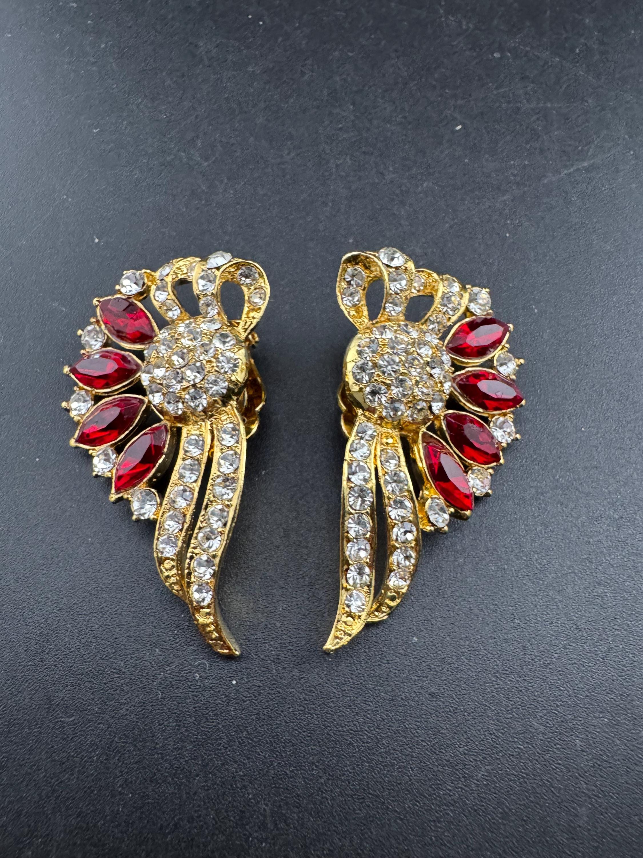 Vintage Swarovski Crystal Ruby Fan Earrings: Oversized Gold Tone Red Studs, 1980s