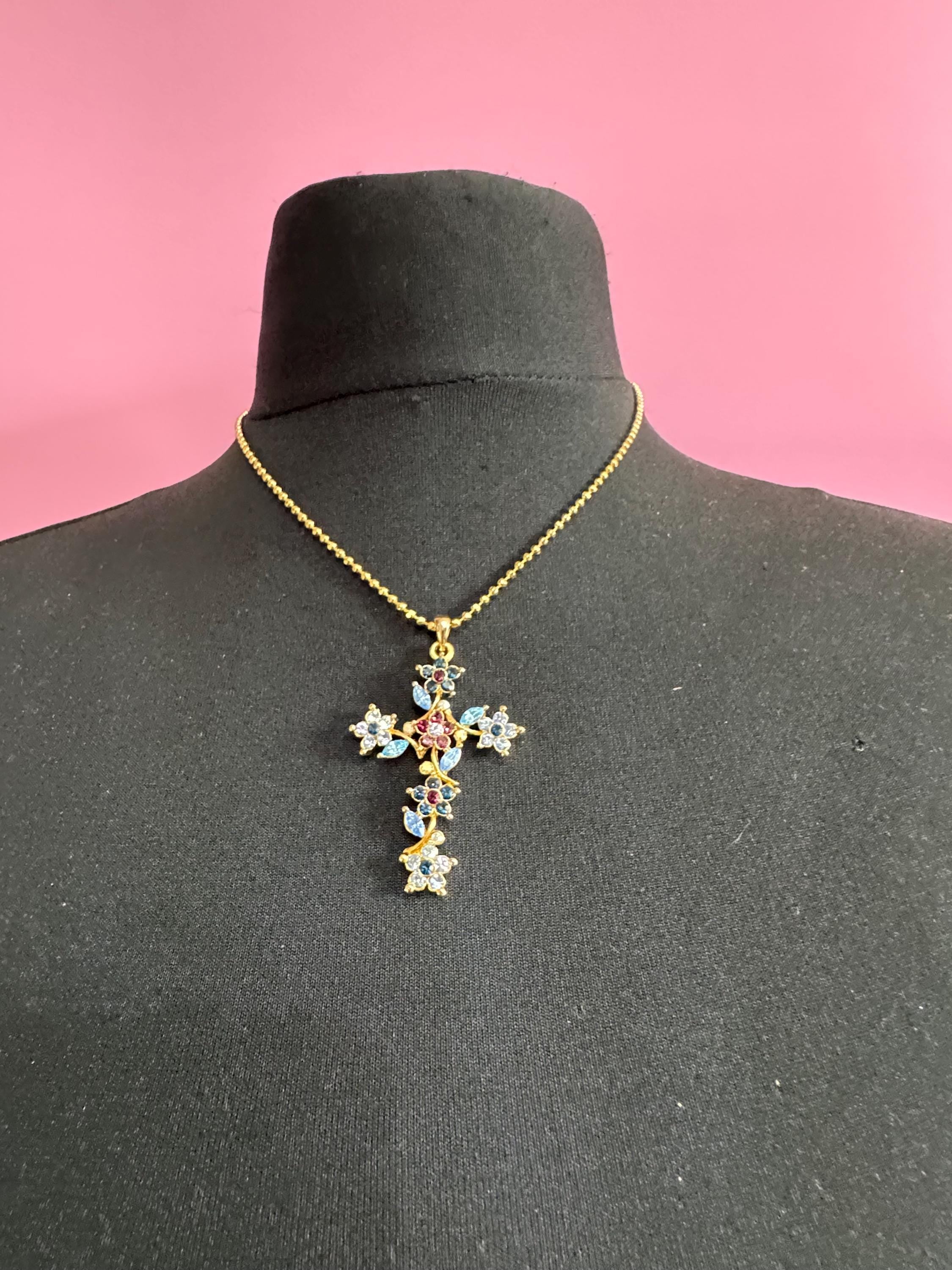 Suzanne Bjontegatd coloured rhinestone cross pendant on gold tone ball chain