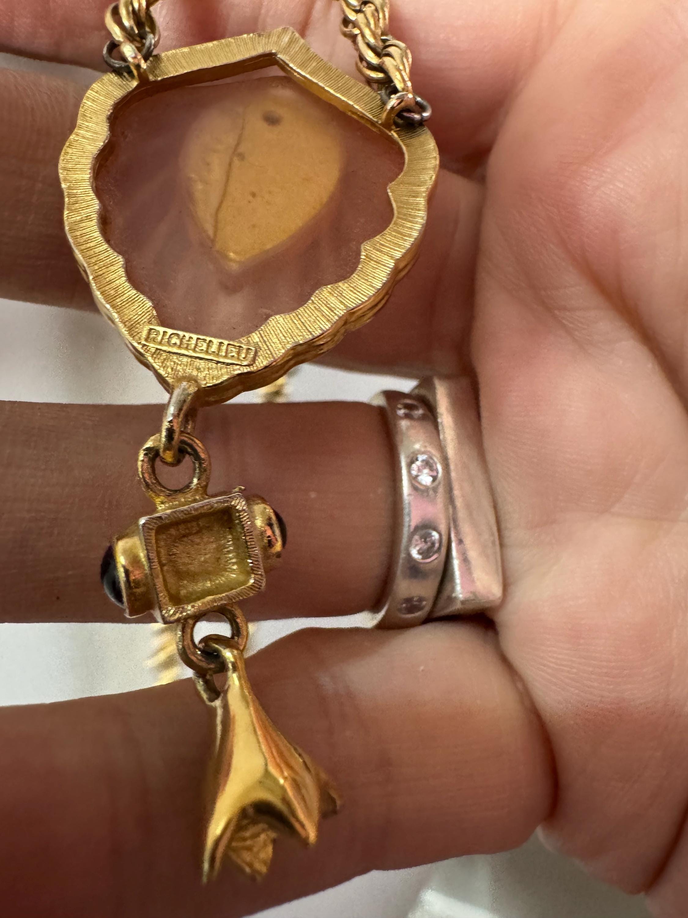 Signed RICHELIEU frosted pink and pearl teardrop necklace , designer gold tone