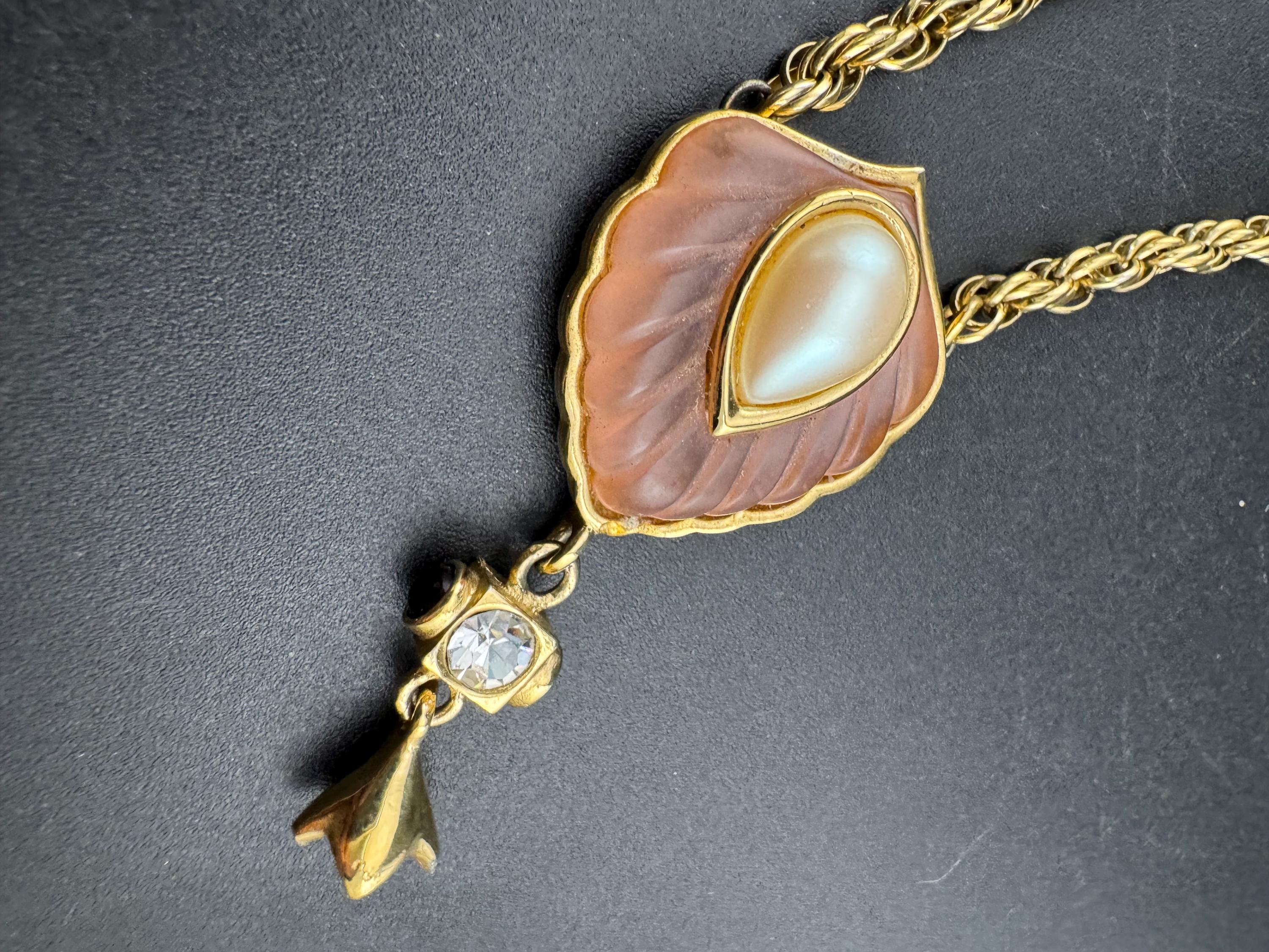 Signed RICHELIEU frosted pink and pearl teardrop necklace , designer gold tone