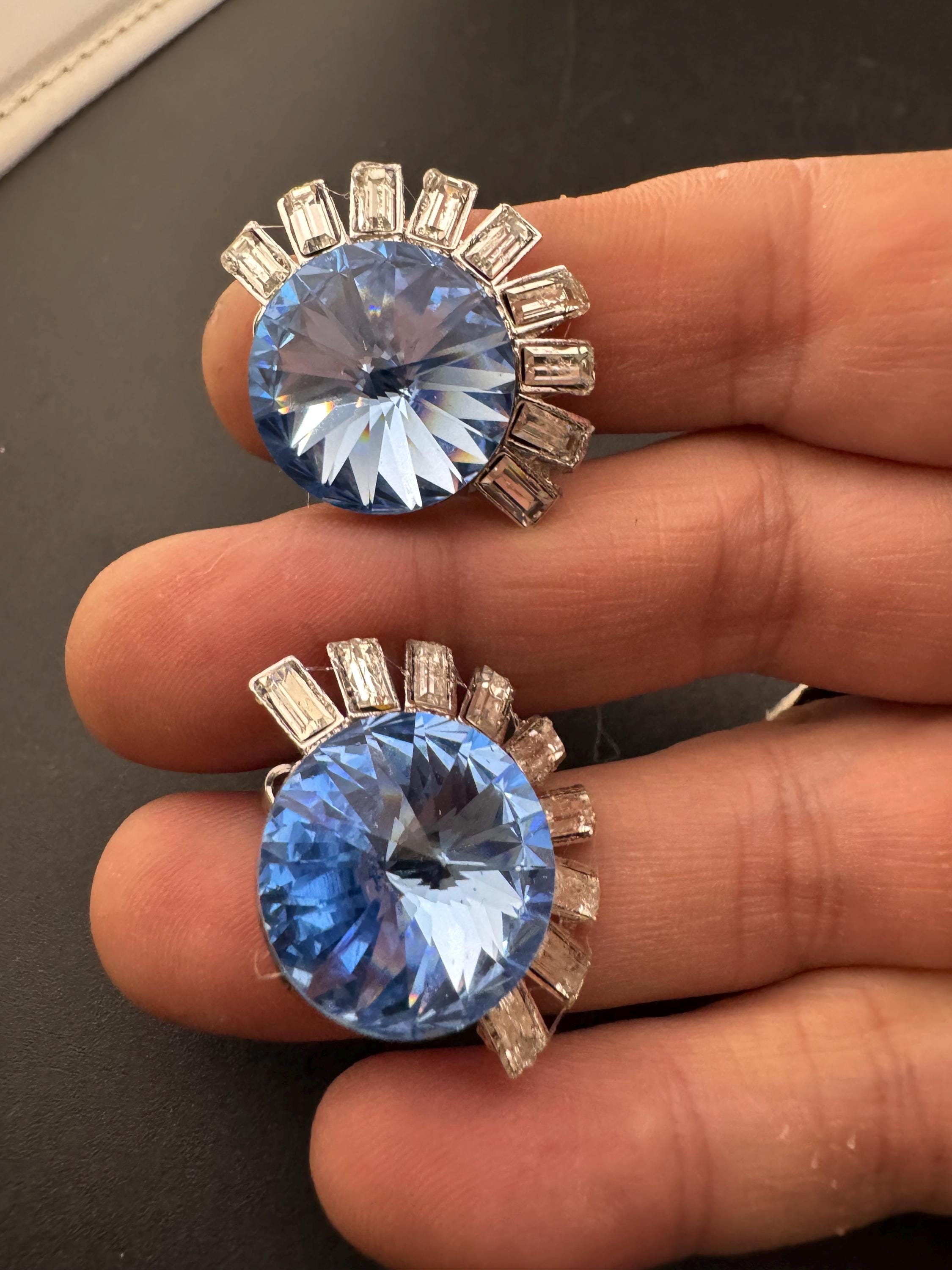 sapphire blue and clear Swarovski rivoli crystal clip on earrings, silver tone