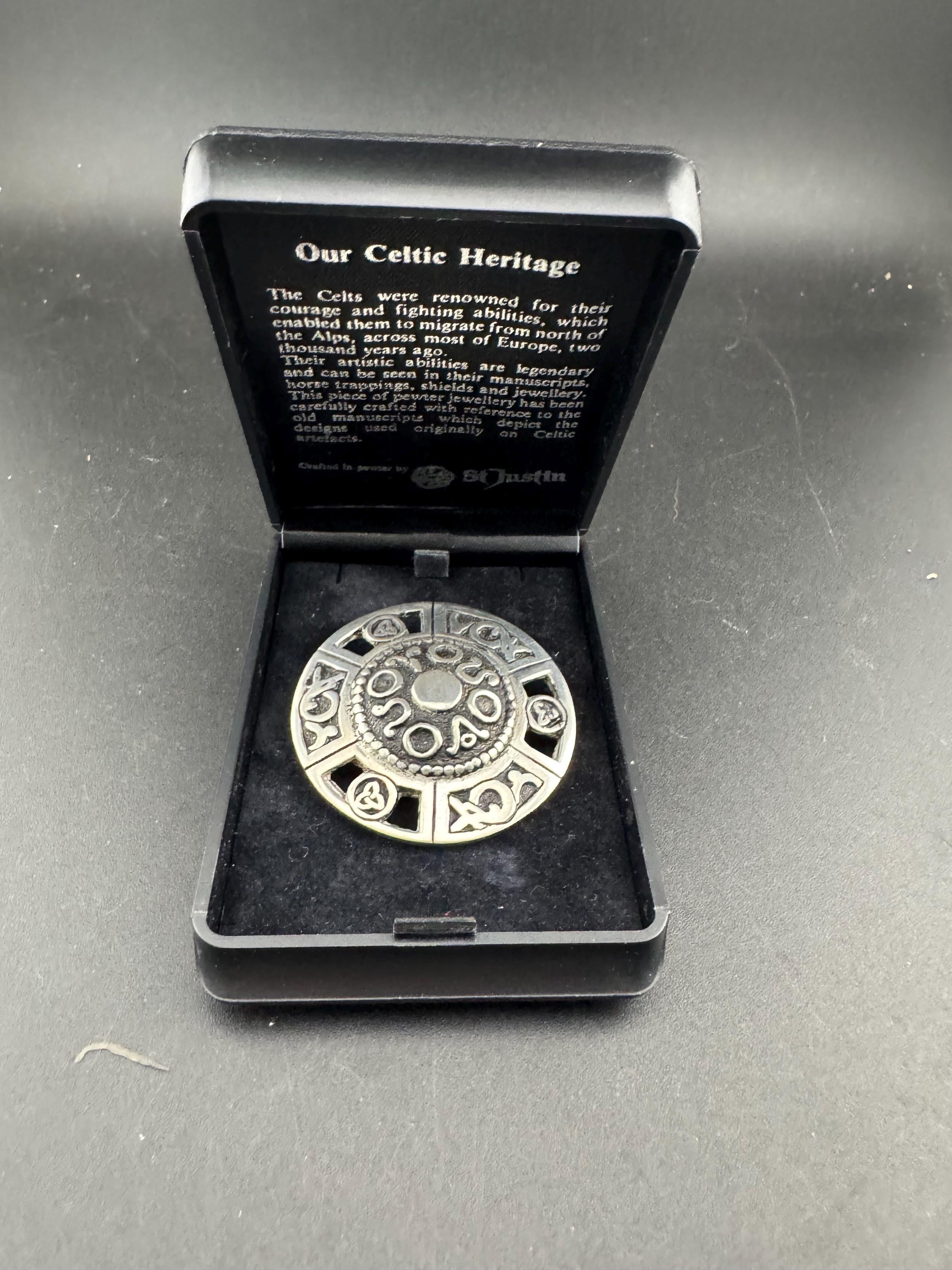 St Justin Celtic Brooch, boxed In pewter and signed silver tone domed