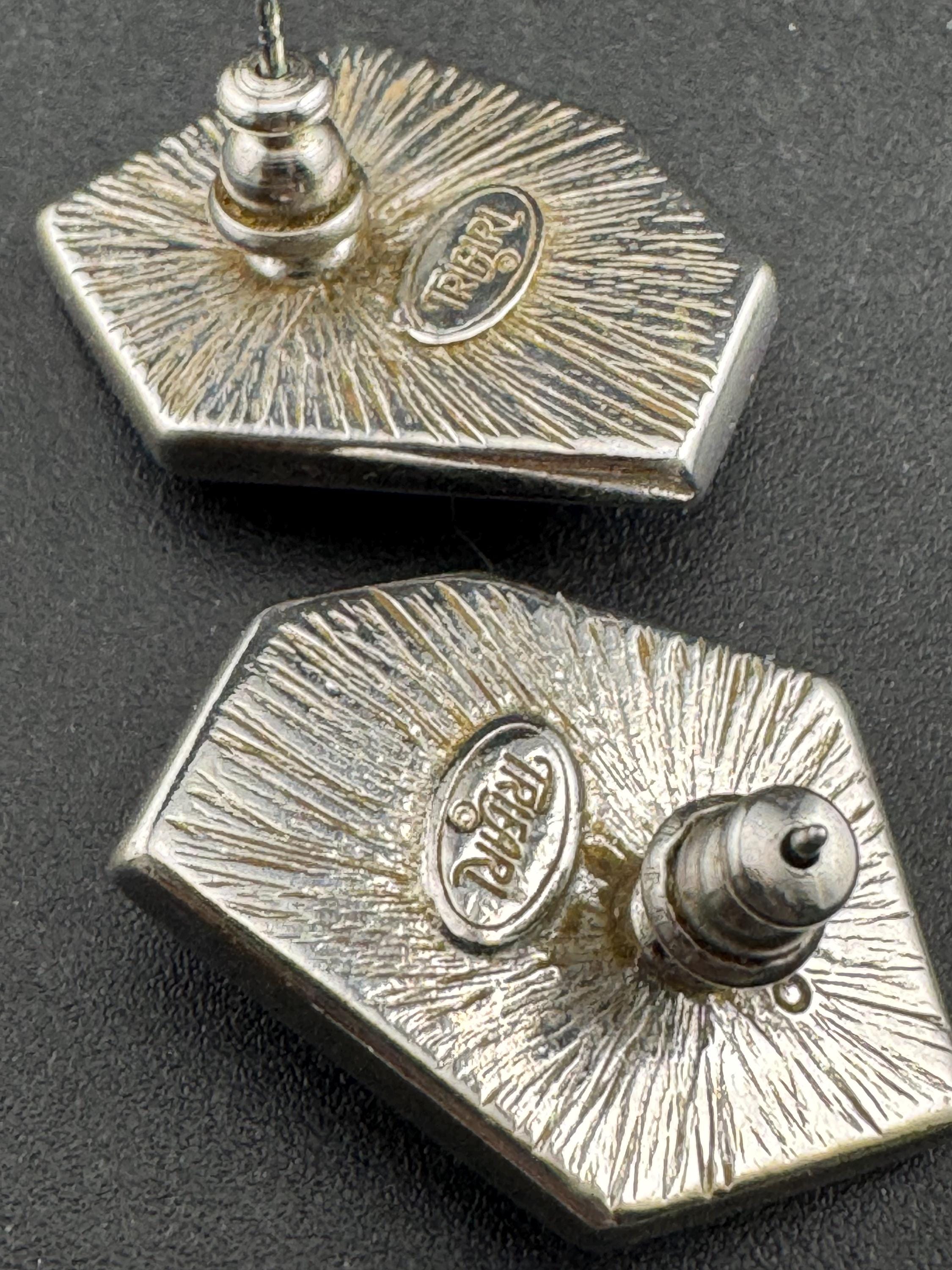 Signed Trifari abstract crystal diamanté silver earrings , pierced ears