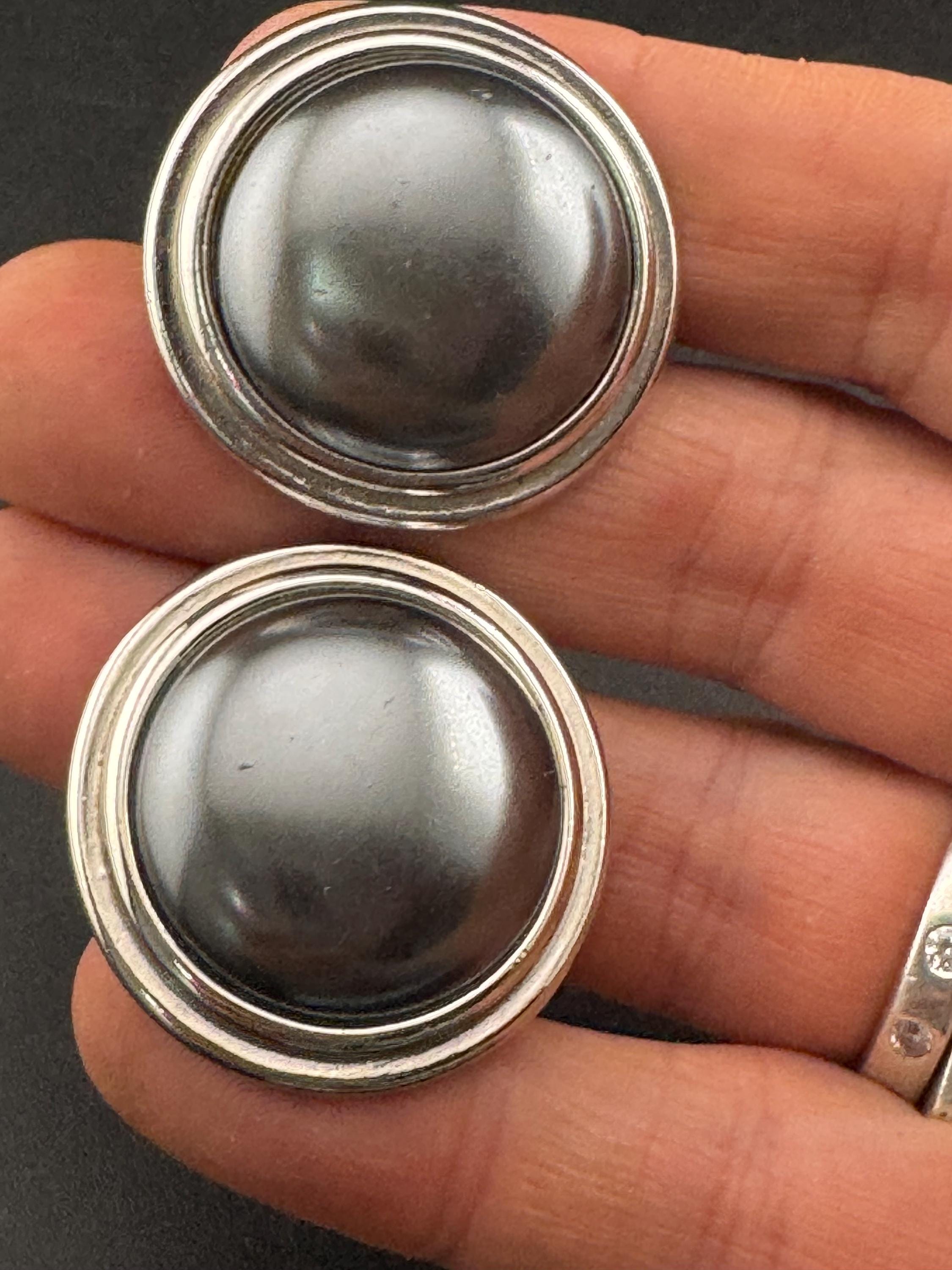 Signed YSL grey domed Clip On Earrings: 4cm silver by yves Saint Laurent