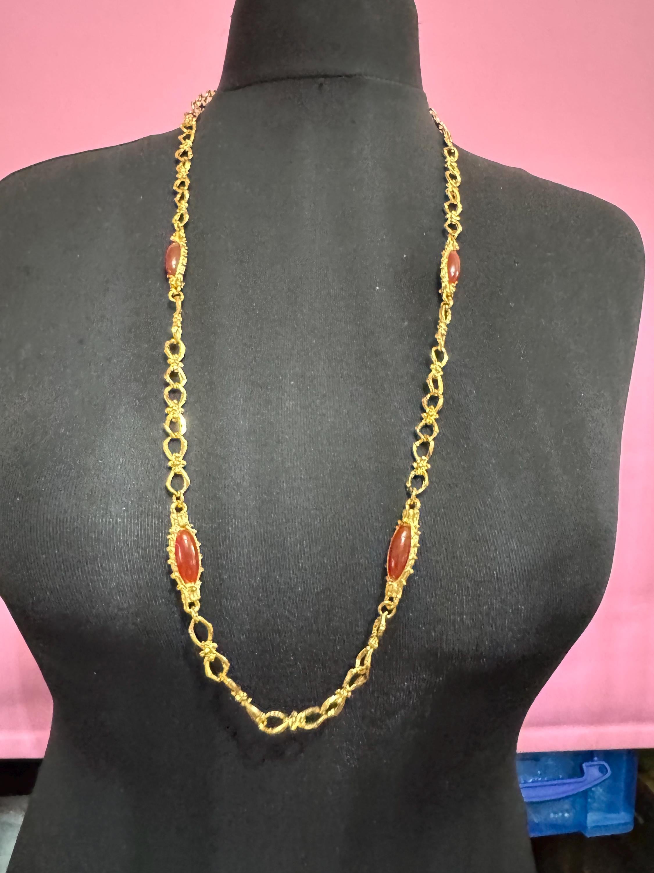 Signed David Grau glass carnelian station chain necklace, gold plated