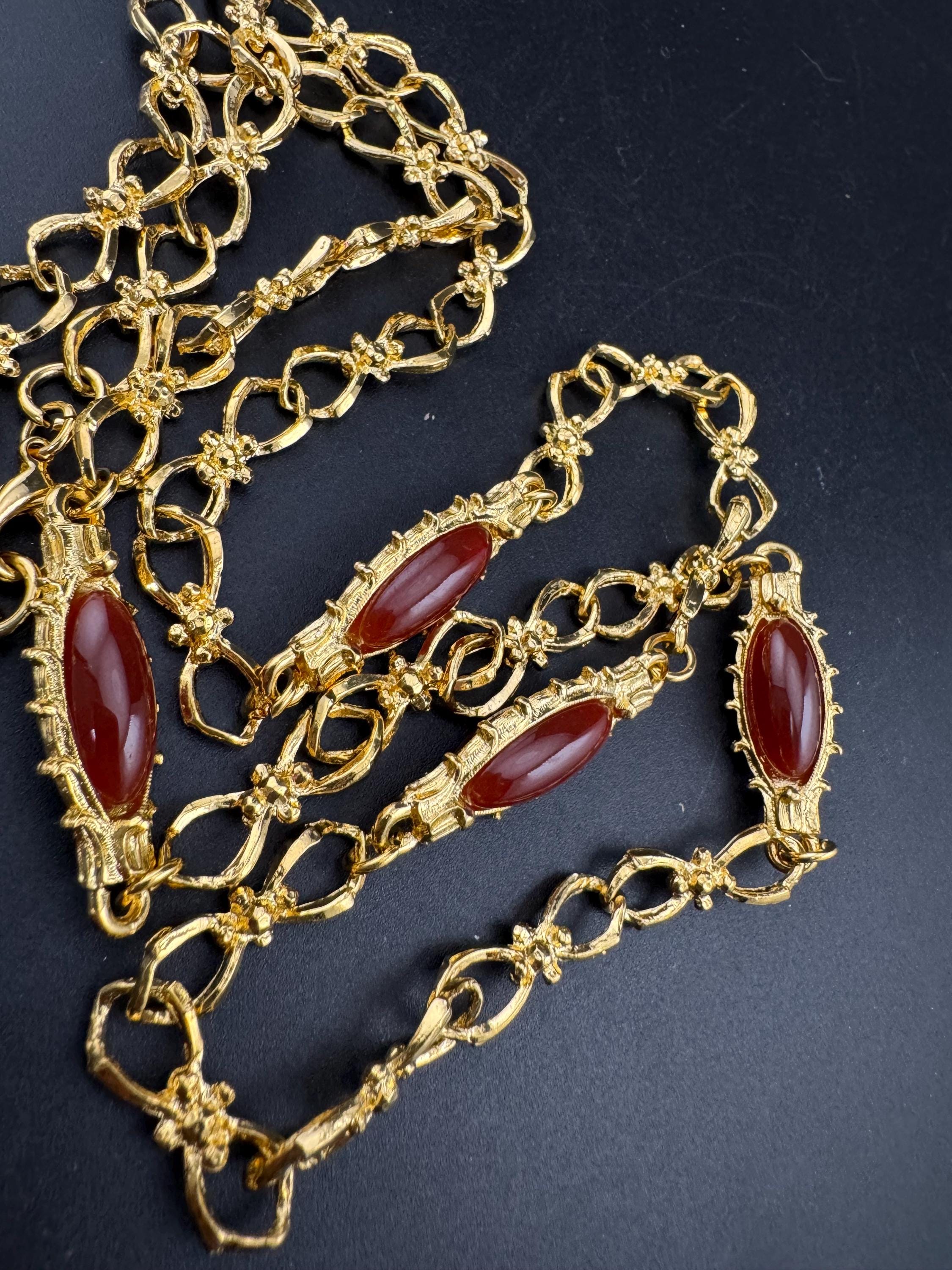 Signed David Grau glass carnelian station chain necklace, gold plated