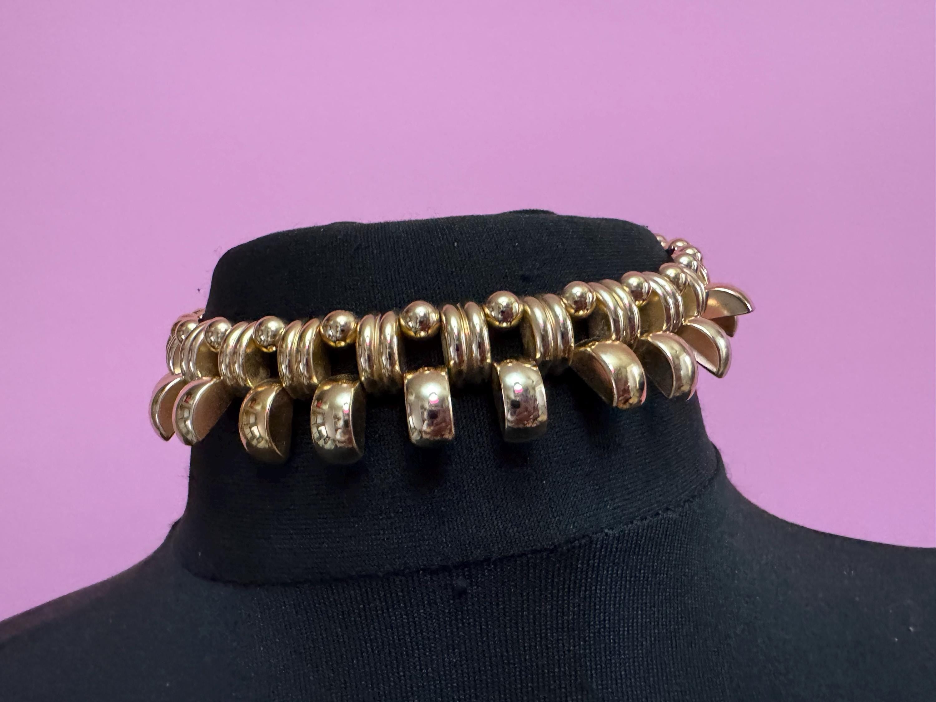 Vintage de Farre warm gold tone collar necklace, Art Deco machine age style