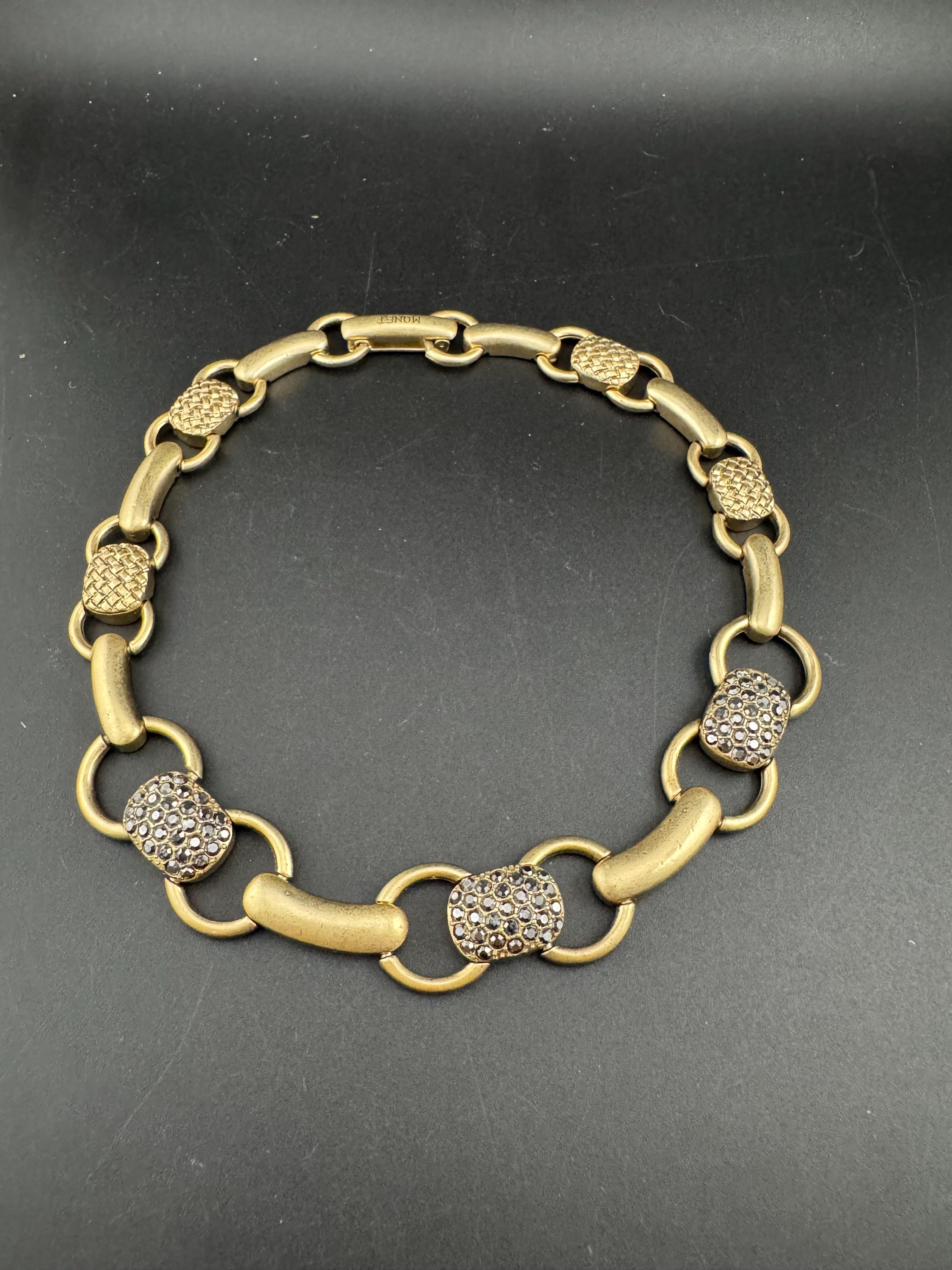 signed MONET chunky Matt gold tone choker, cushion panel necklace