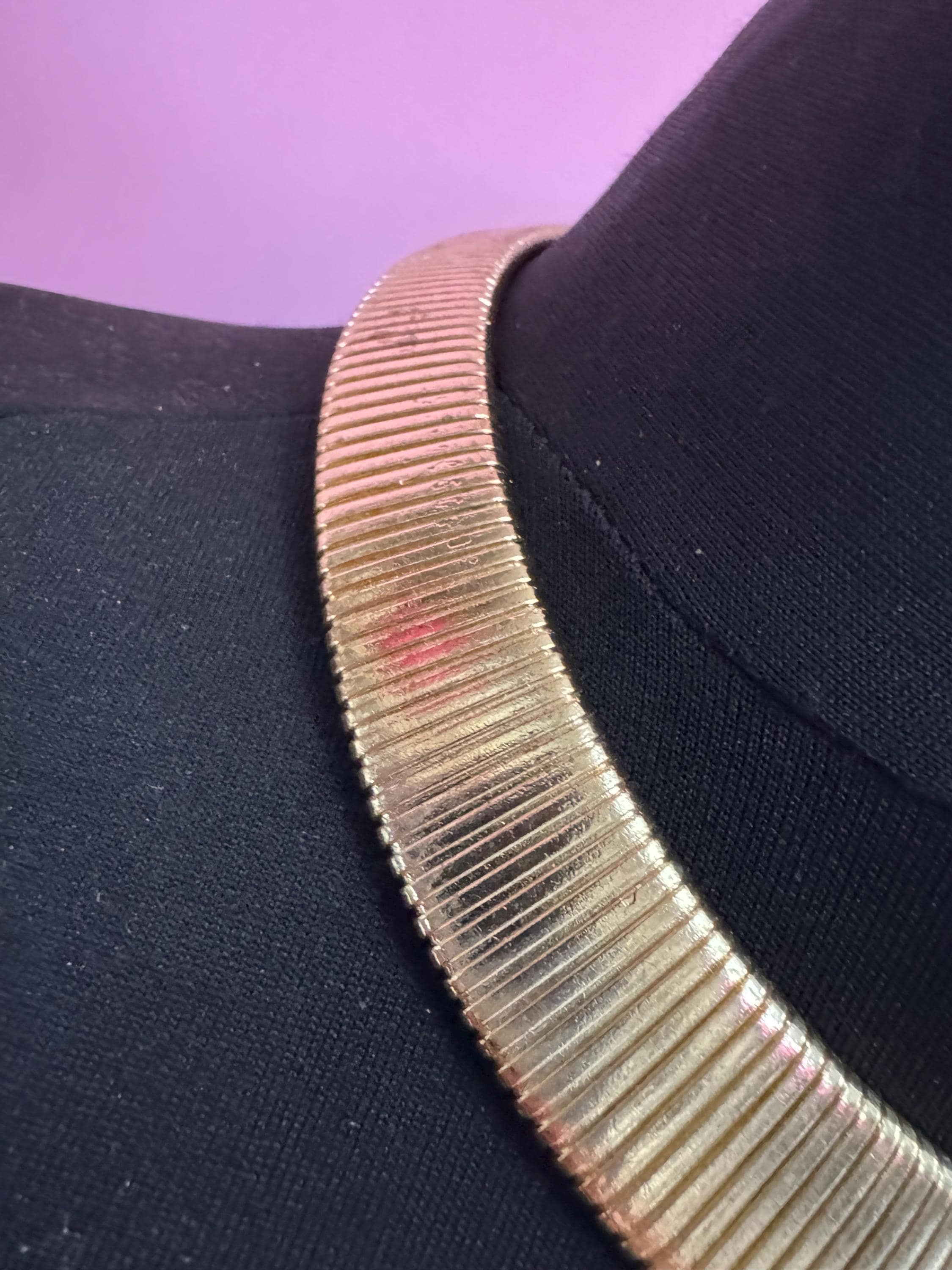 Vintage wide omega link choker necklace, gold tone with wear