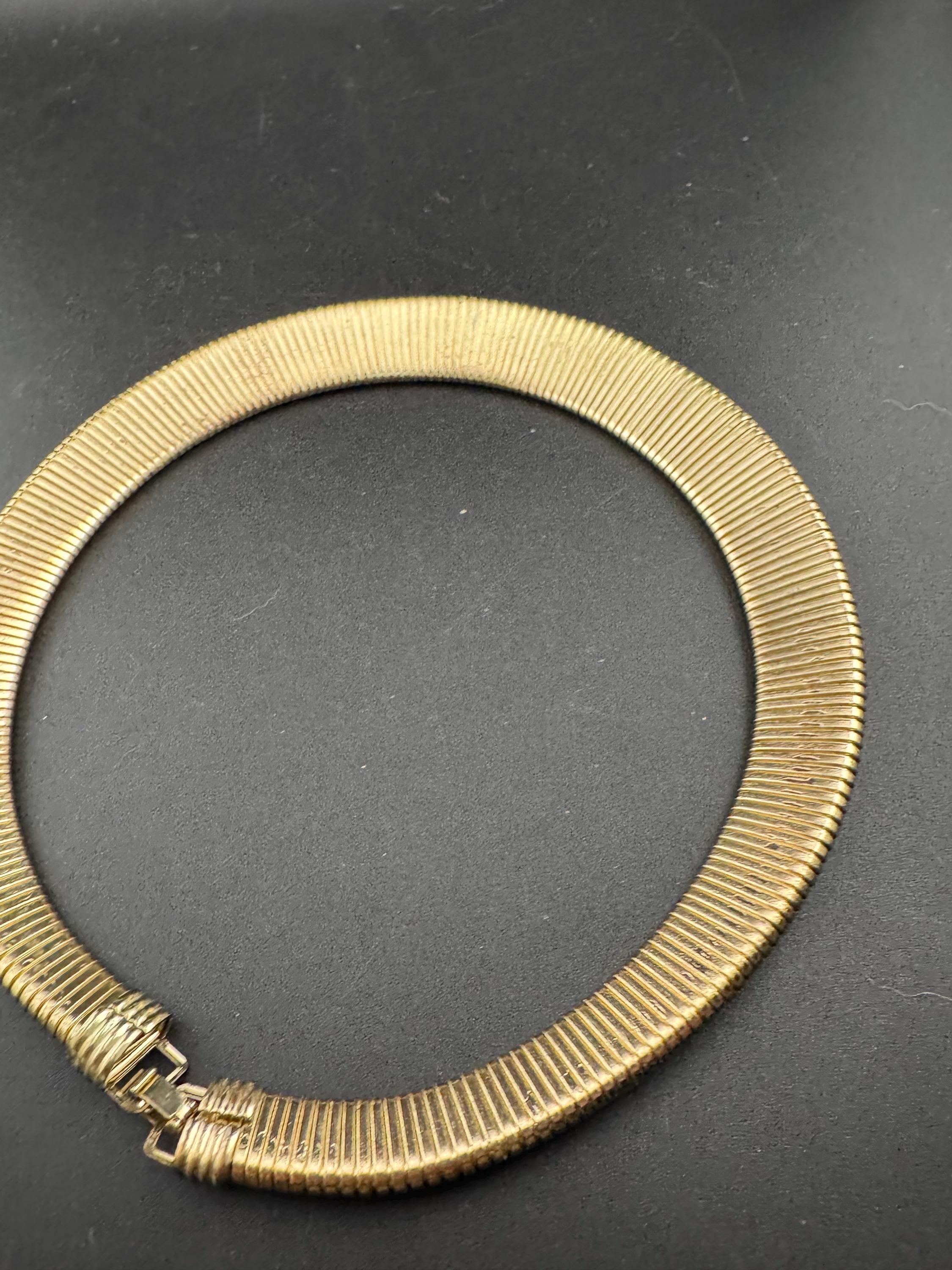 Vintage wide omega link choker necklace, gold tone with wear