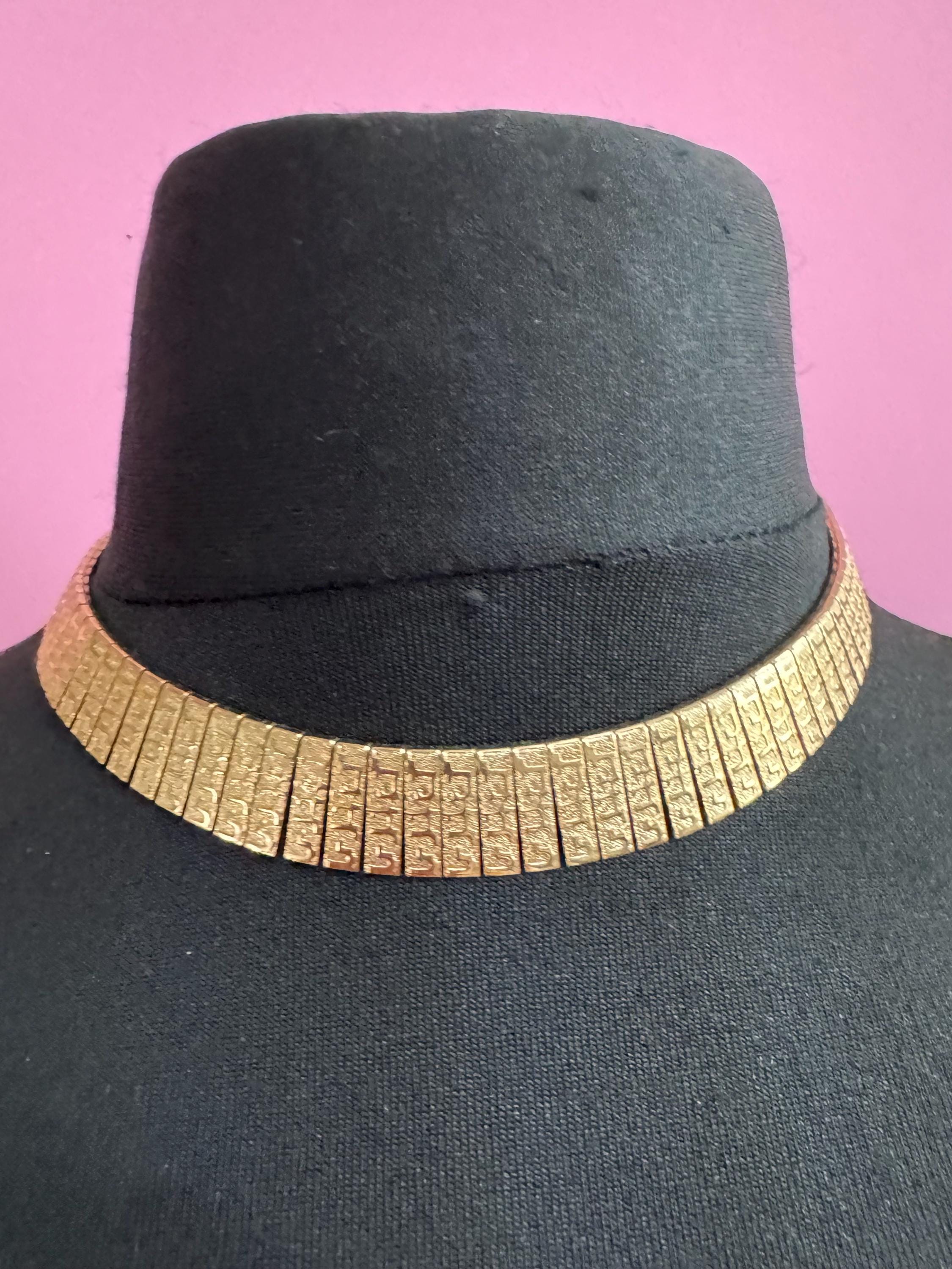 Vintage Egyptian revival gold wide choker necklace, brutalist textured design