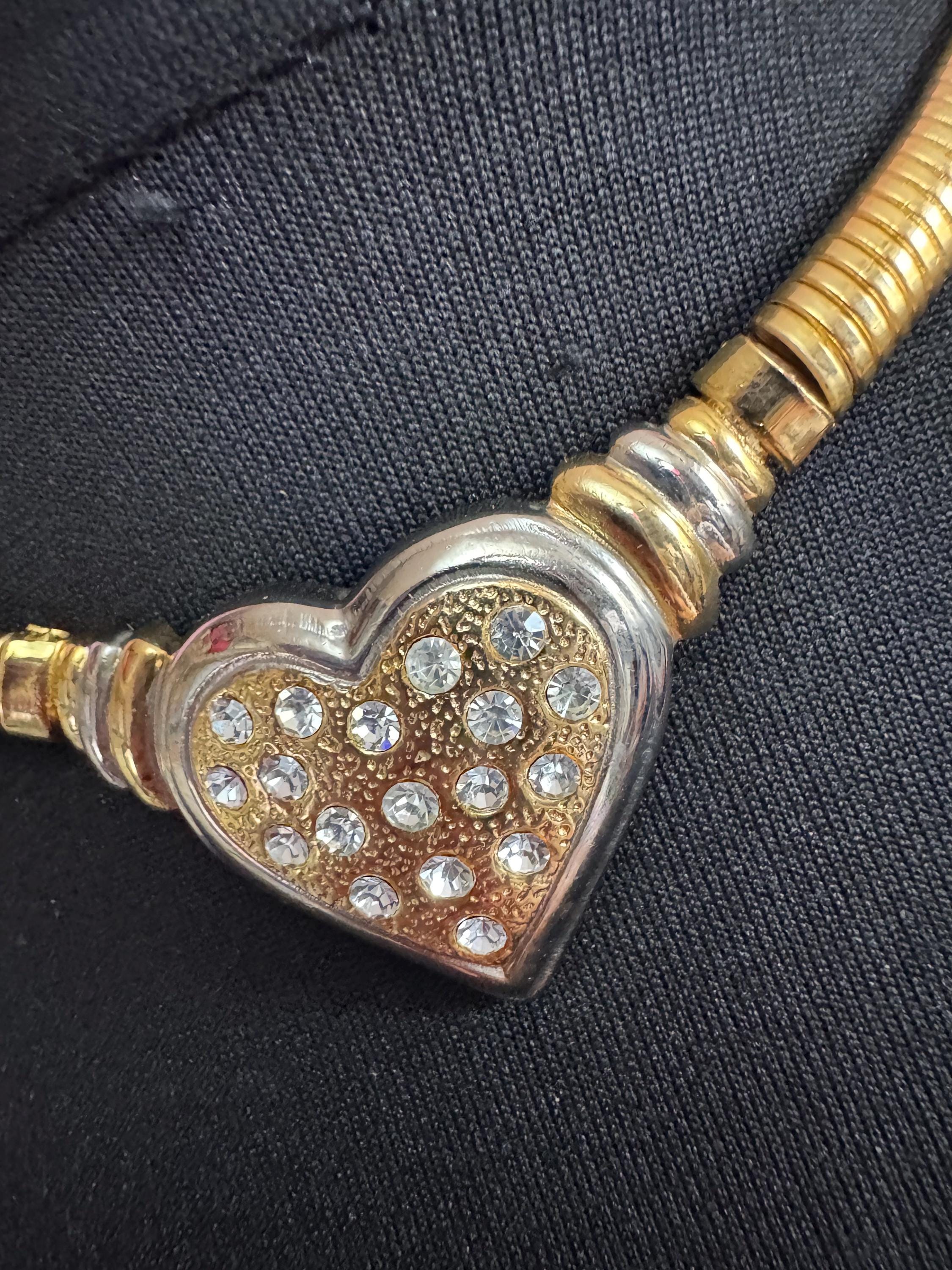 Vintage omega chain love heart diamanté choker necklace, gold tone