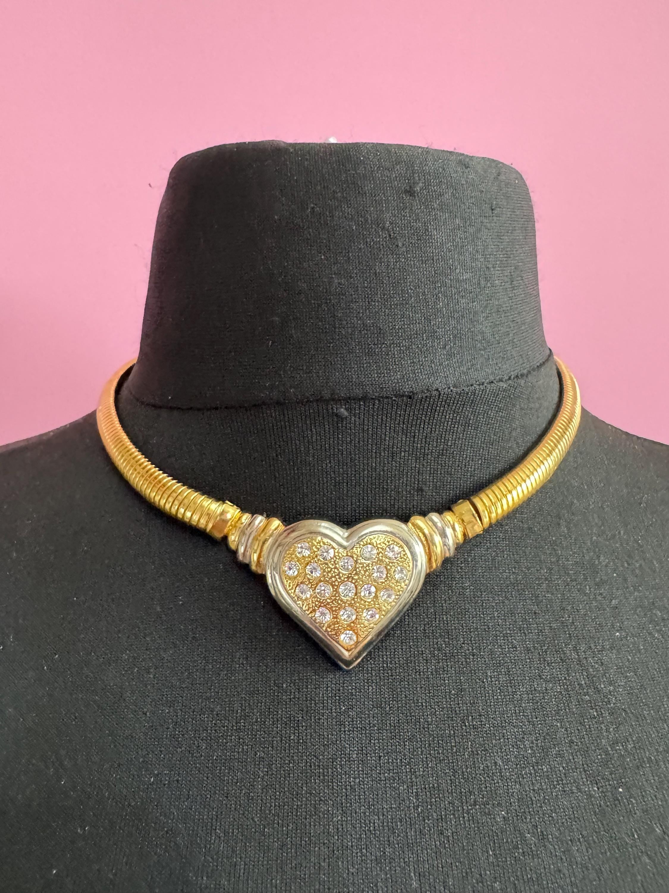 Vintage omega chain love heart diamanté choker necklace, gold tone