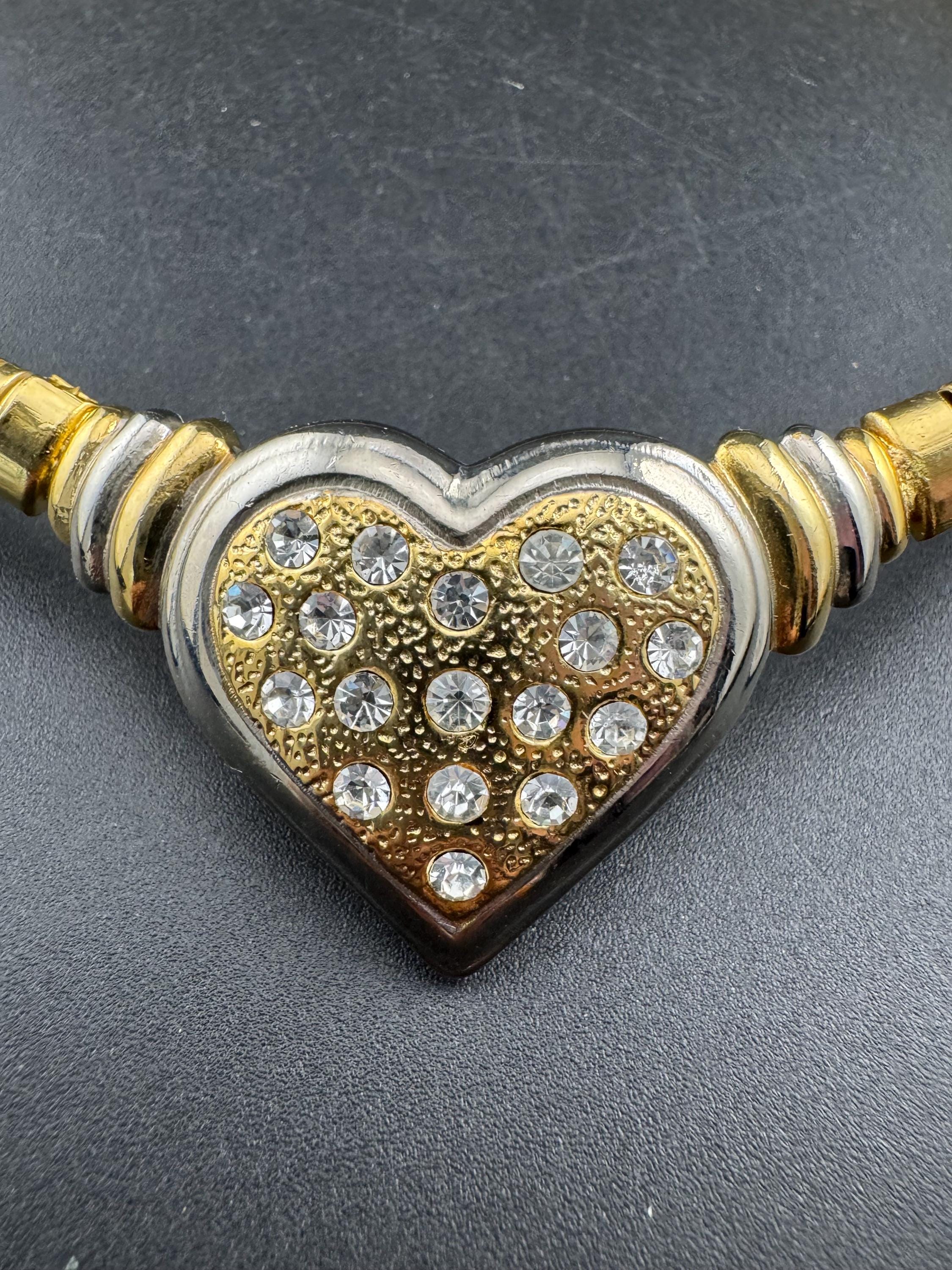 Vintage omega chain love heart diamanté choker necklace, gold tone