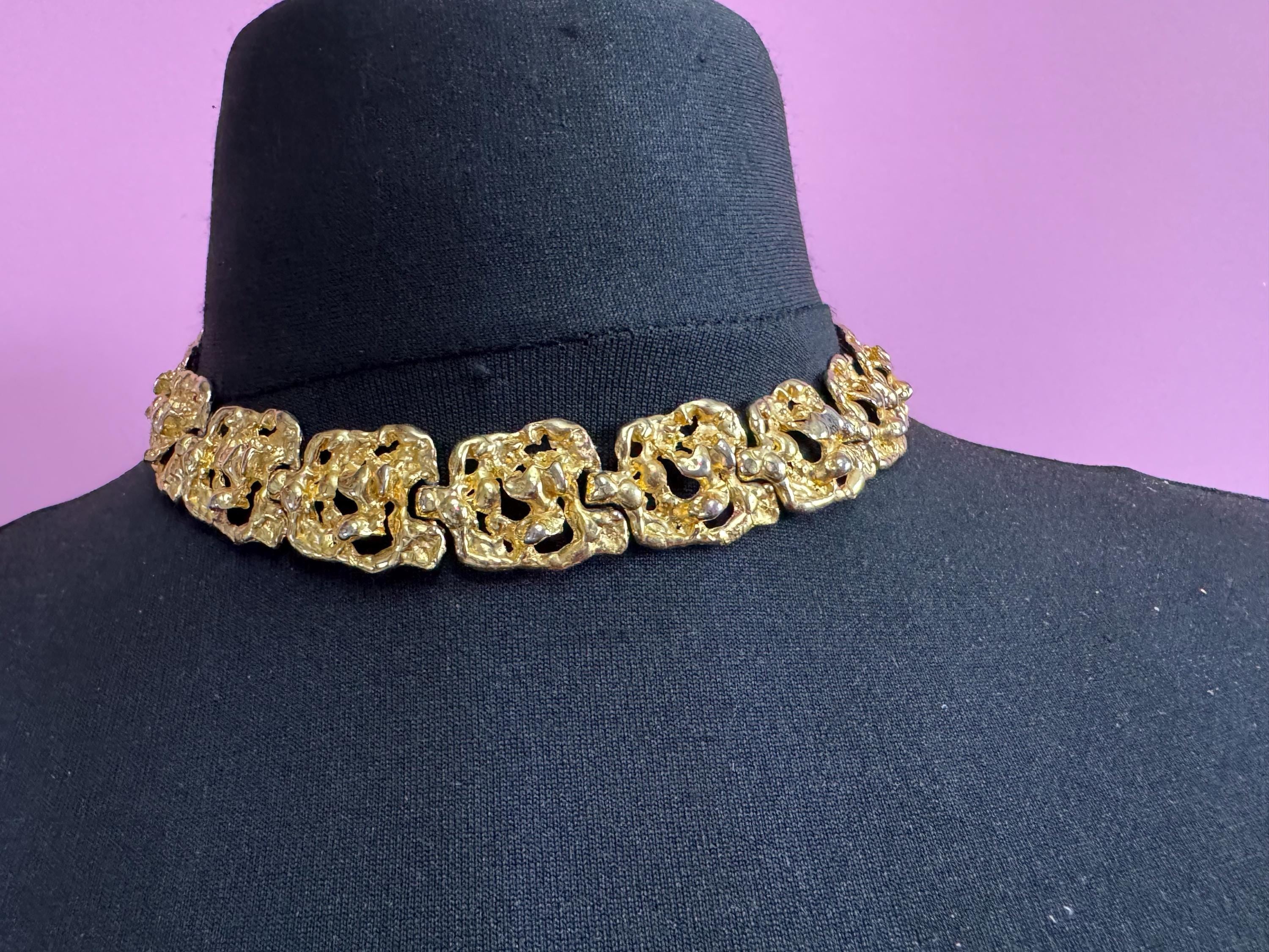 Vintage wide brutalist textured choker necklace, gold tone