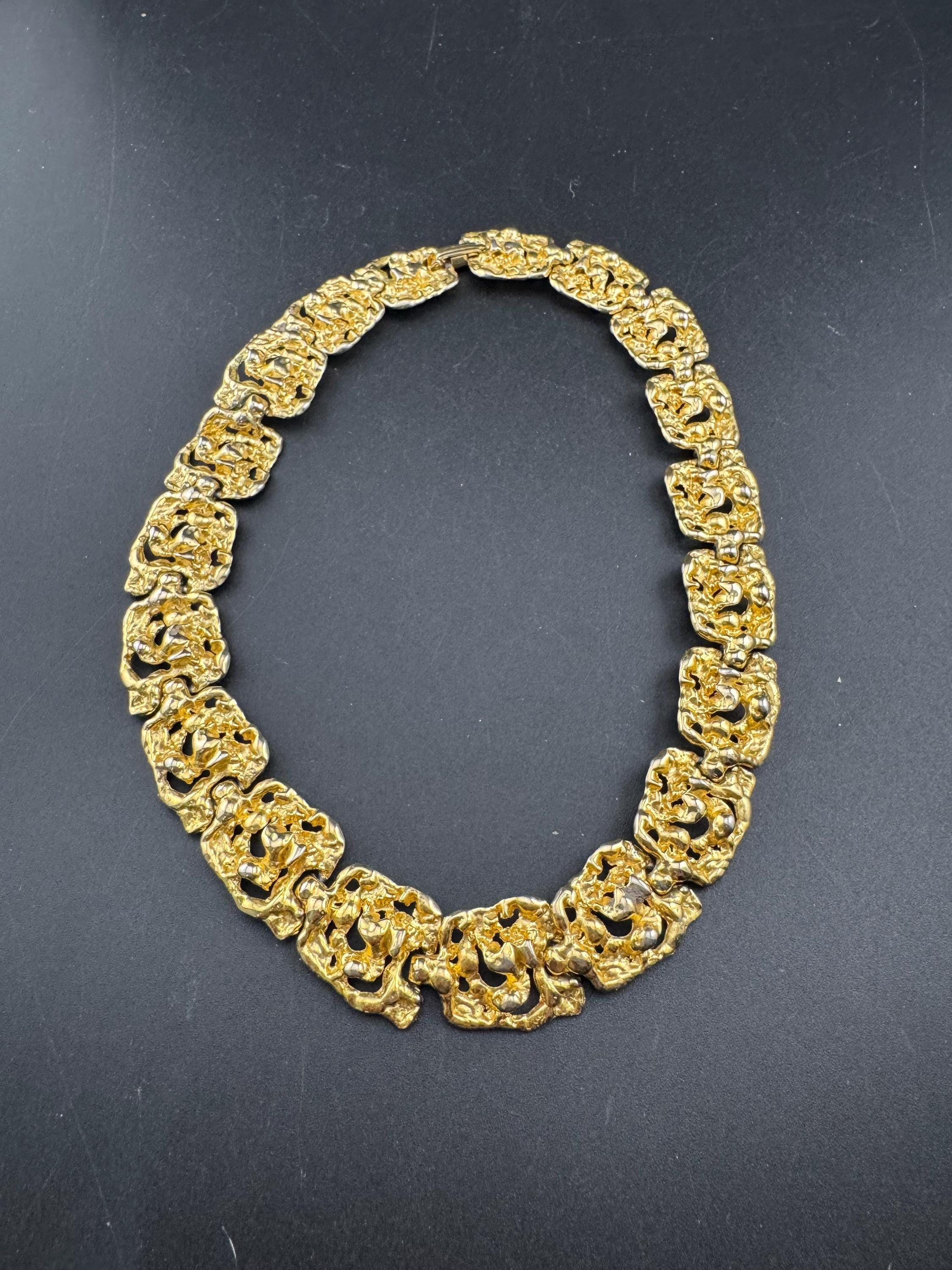 Vintage wide brutalist textured choker necklace, gold tone