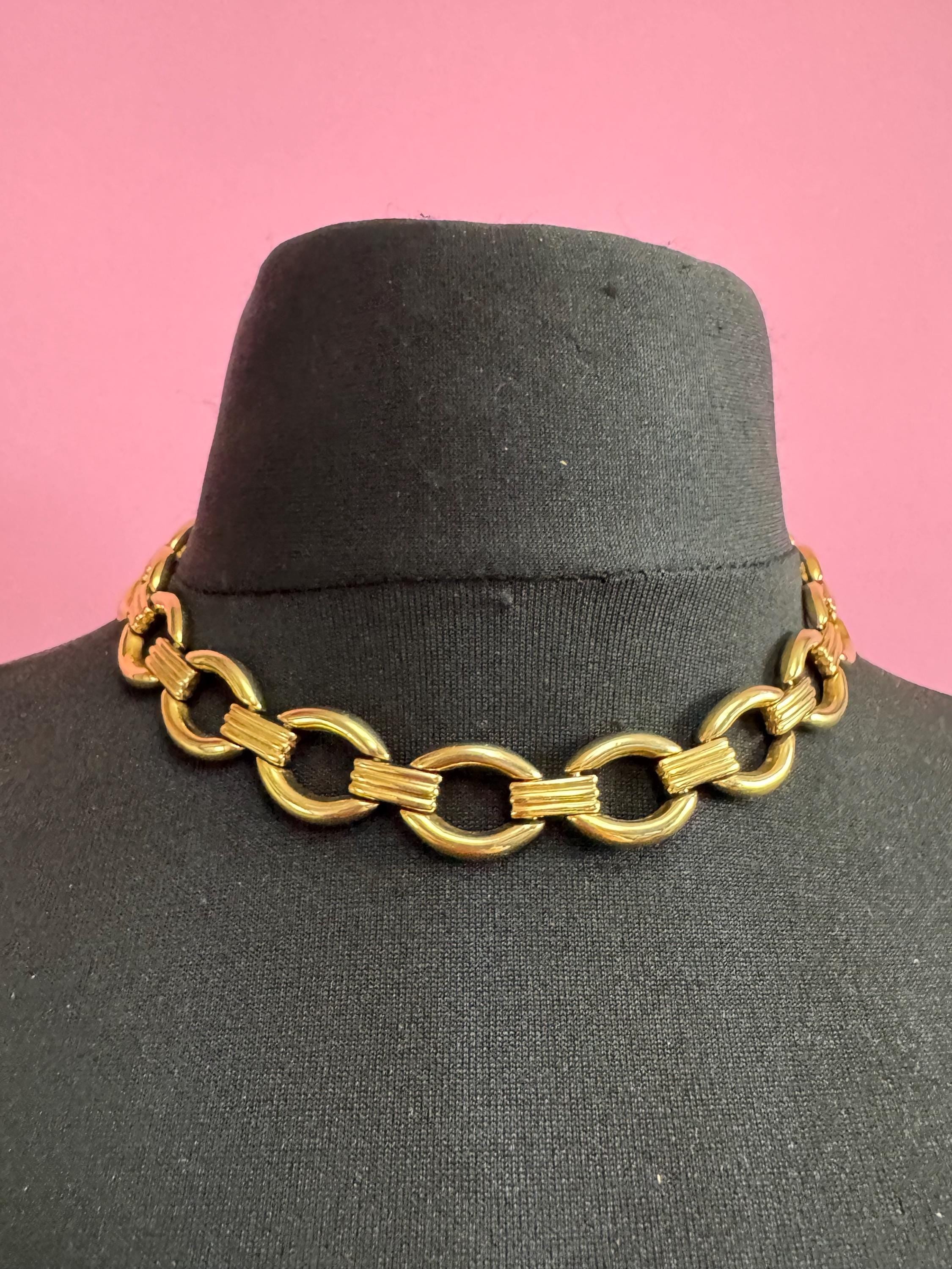 1980s gold panel link wide choker necklace