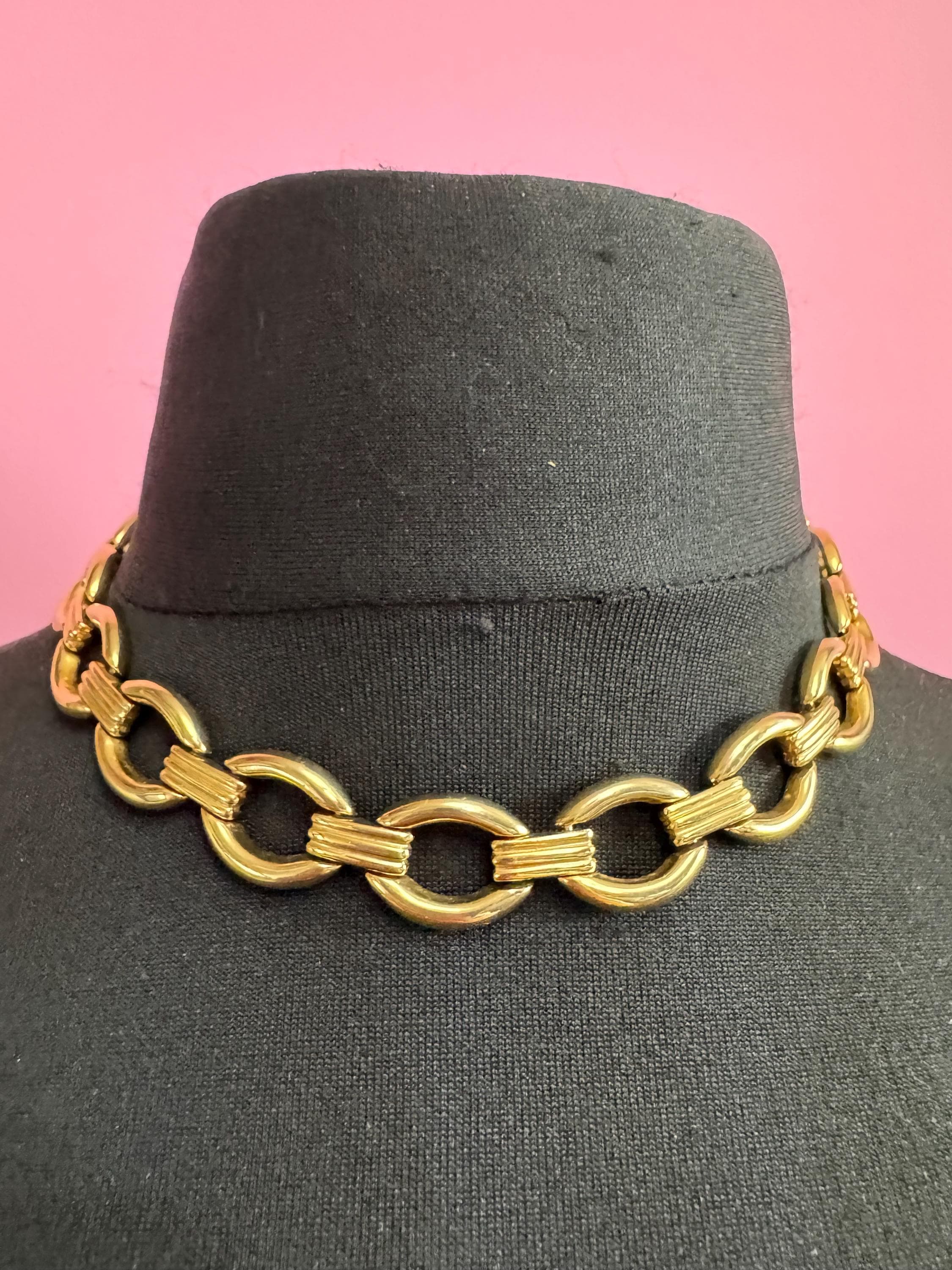 1980s gold panel link wide choker necklace
