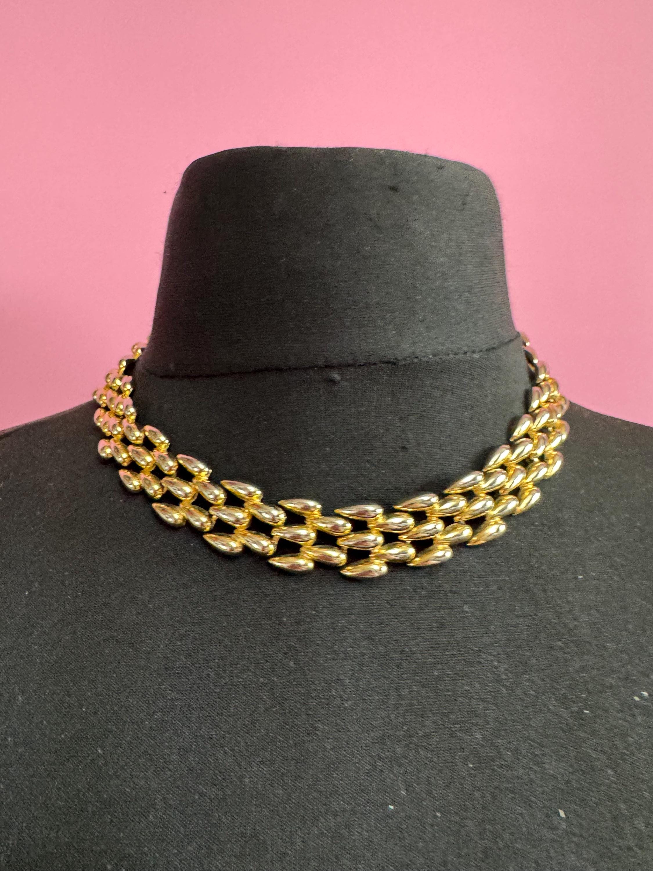 champagne gold tone wide link brick panther link choker necklace, heavy weight faded plating