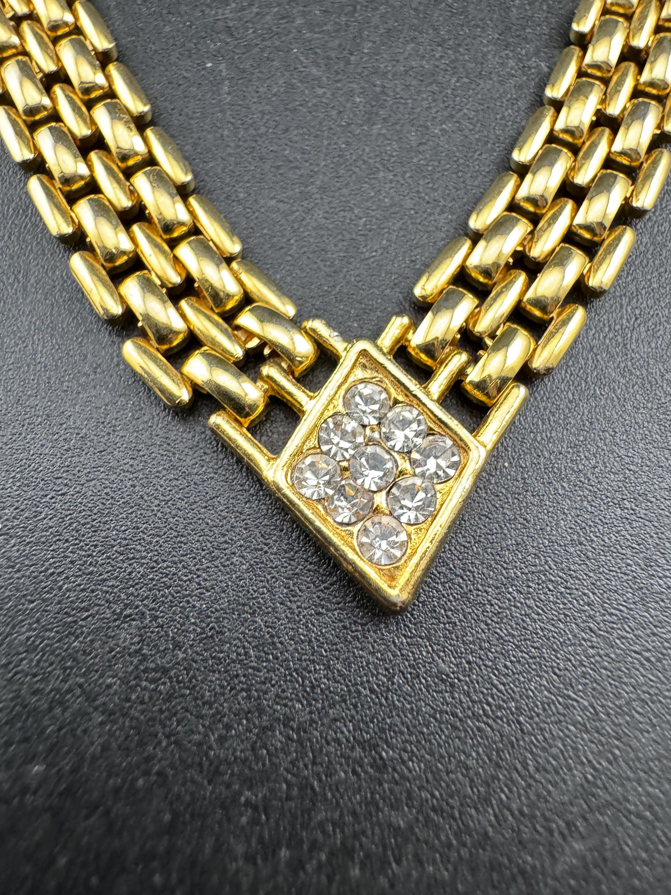 Retro 1980s panther link crystal diamanté gold tone V choker necklace, brick chain