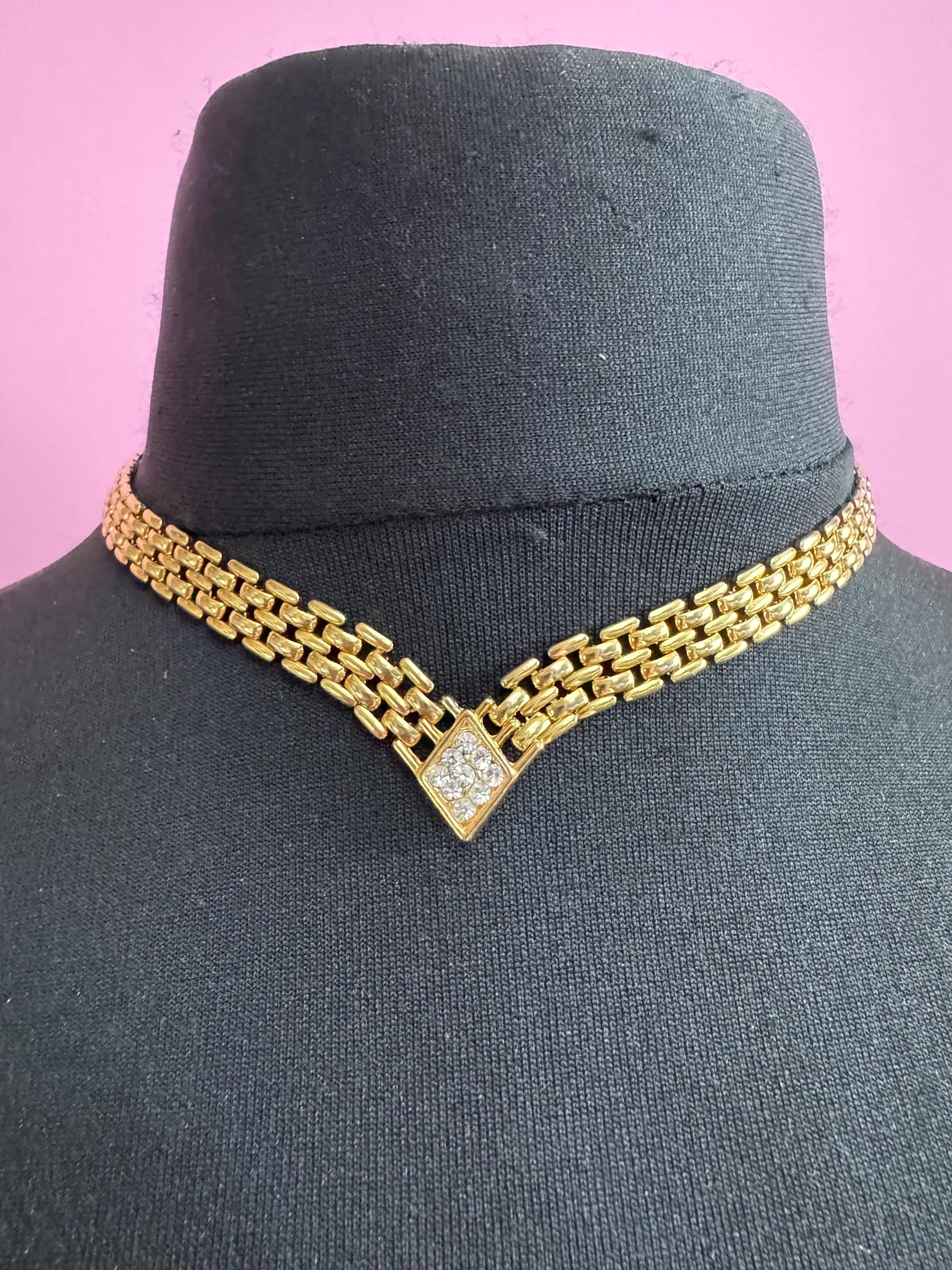 Retro 1980s panther link crystal diamanté gold tone V choker necklace, brick chain