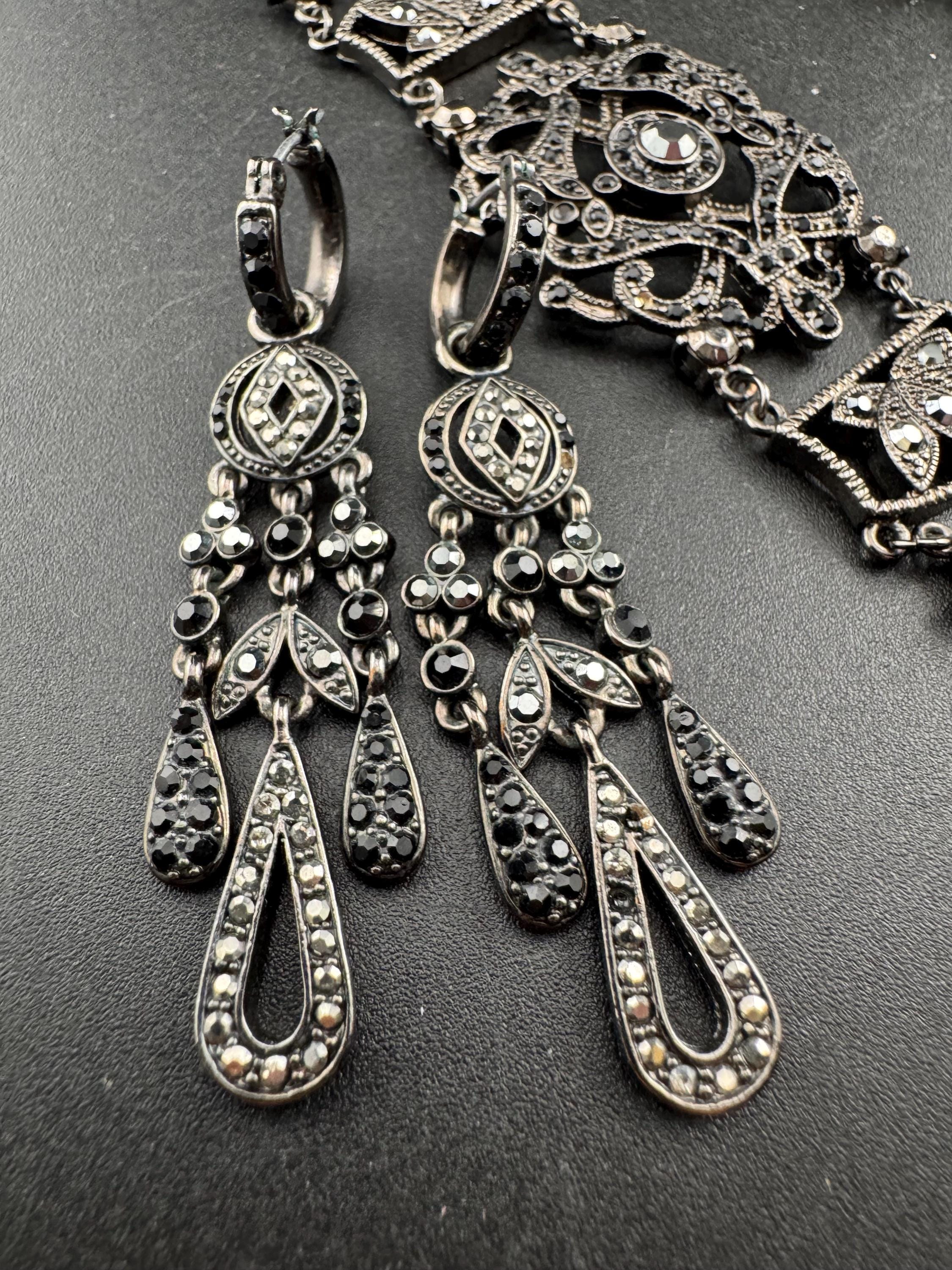 Signed MONET black diamante rhinestone drop necklace, earrings and bracelet: gothic jewellery set