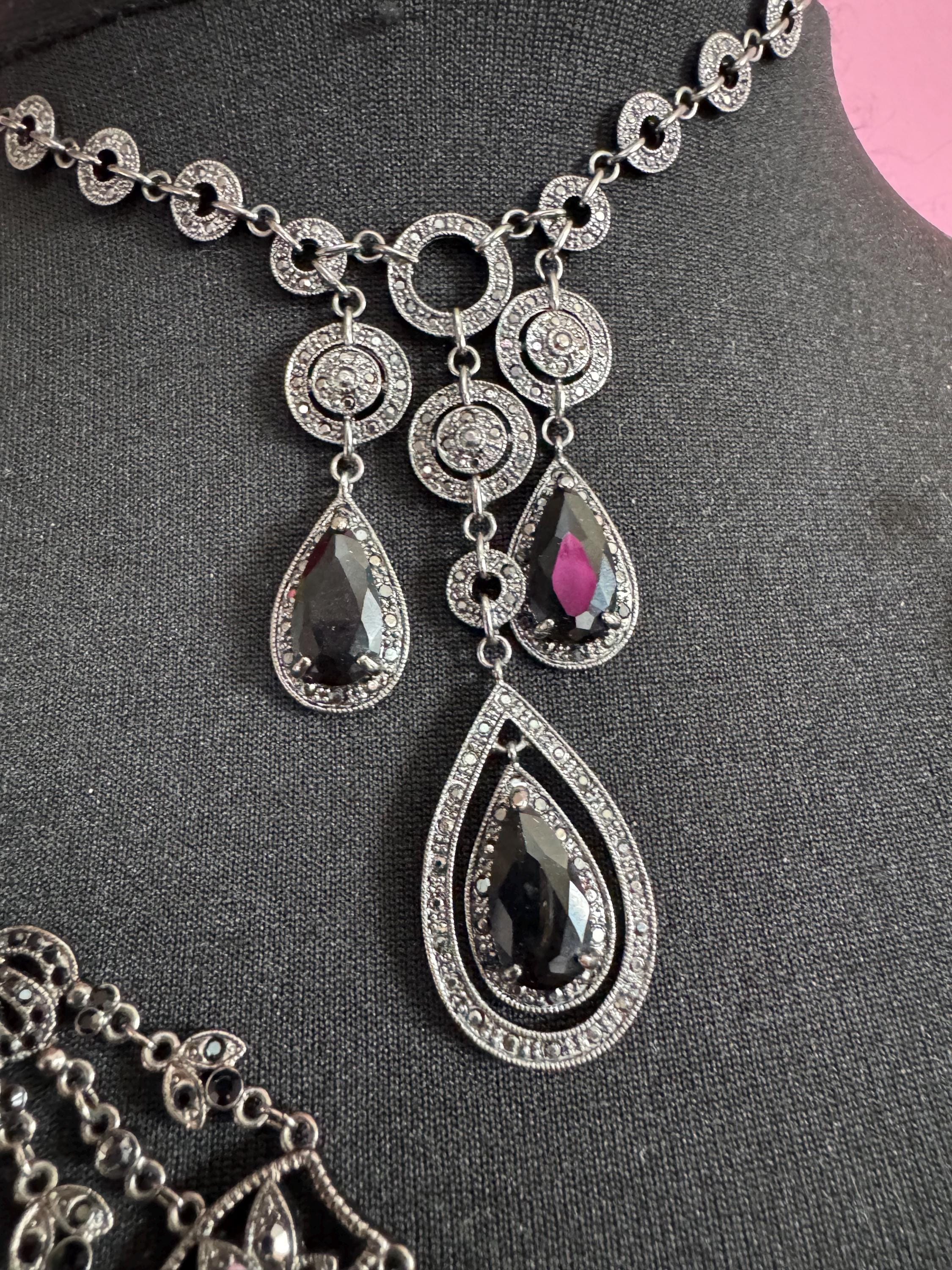 Signed MONET black diamante rhinestone drop necklace, earrings and bracelet: gothic jewellery set