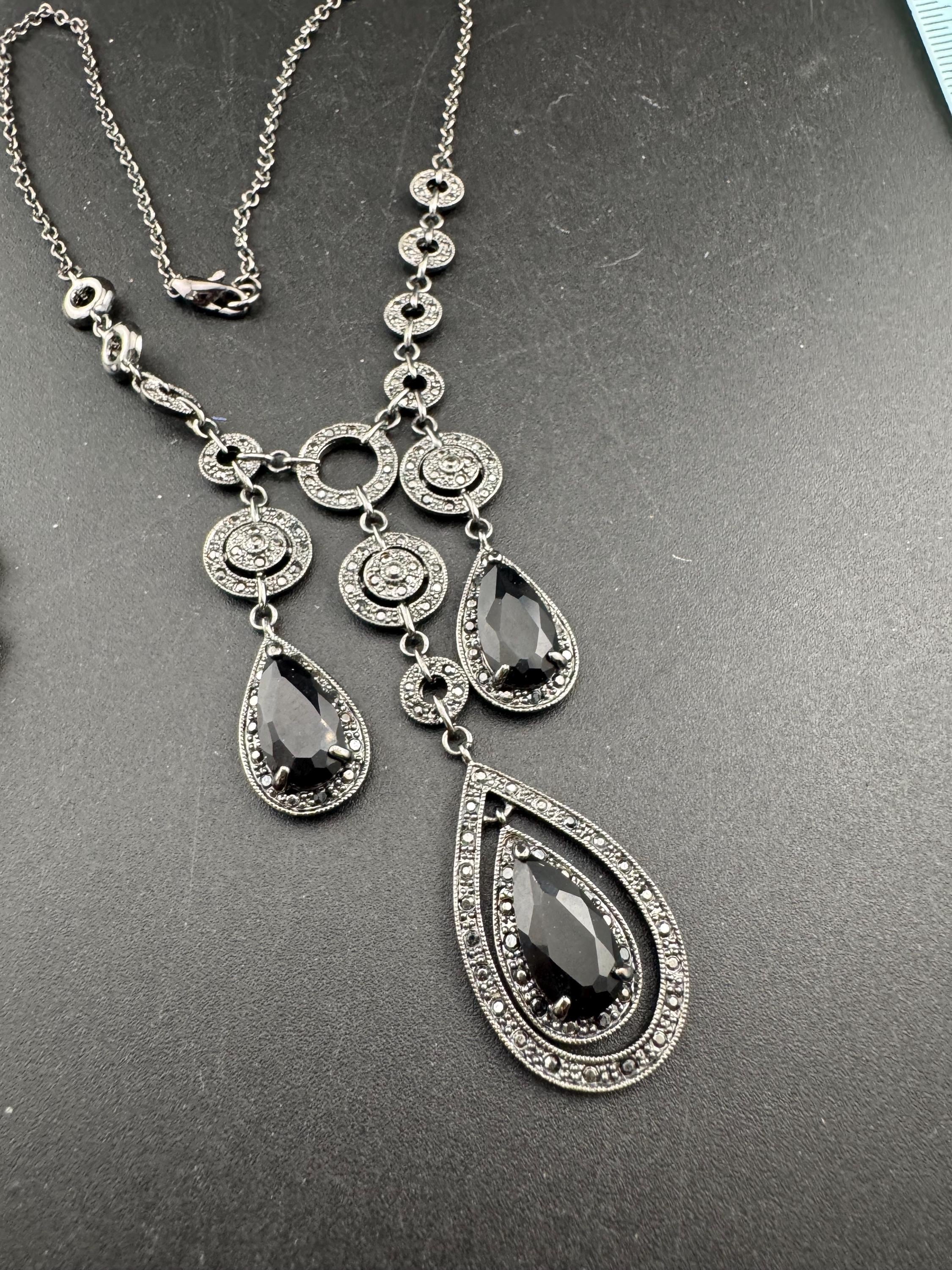 Signed MONET black diamante rhinestone drop necklace, earrings and bracelet: gothic jewellery set