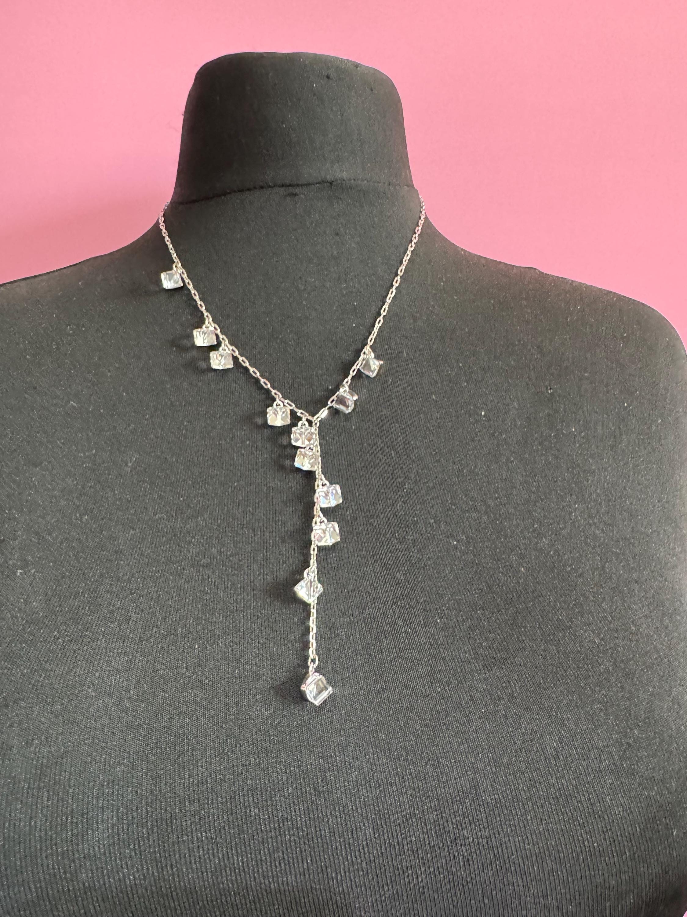 Signed swan Swarovski long rhodium plated crystal cube lariat drop necklace