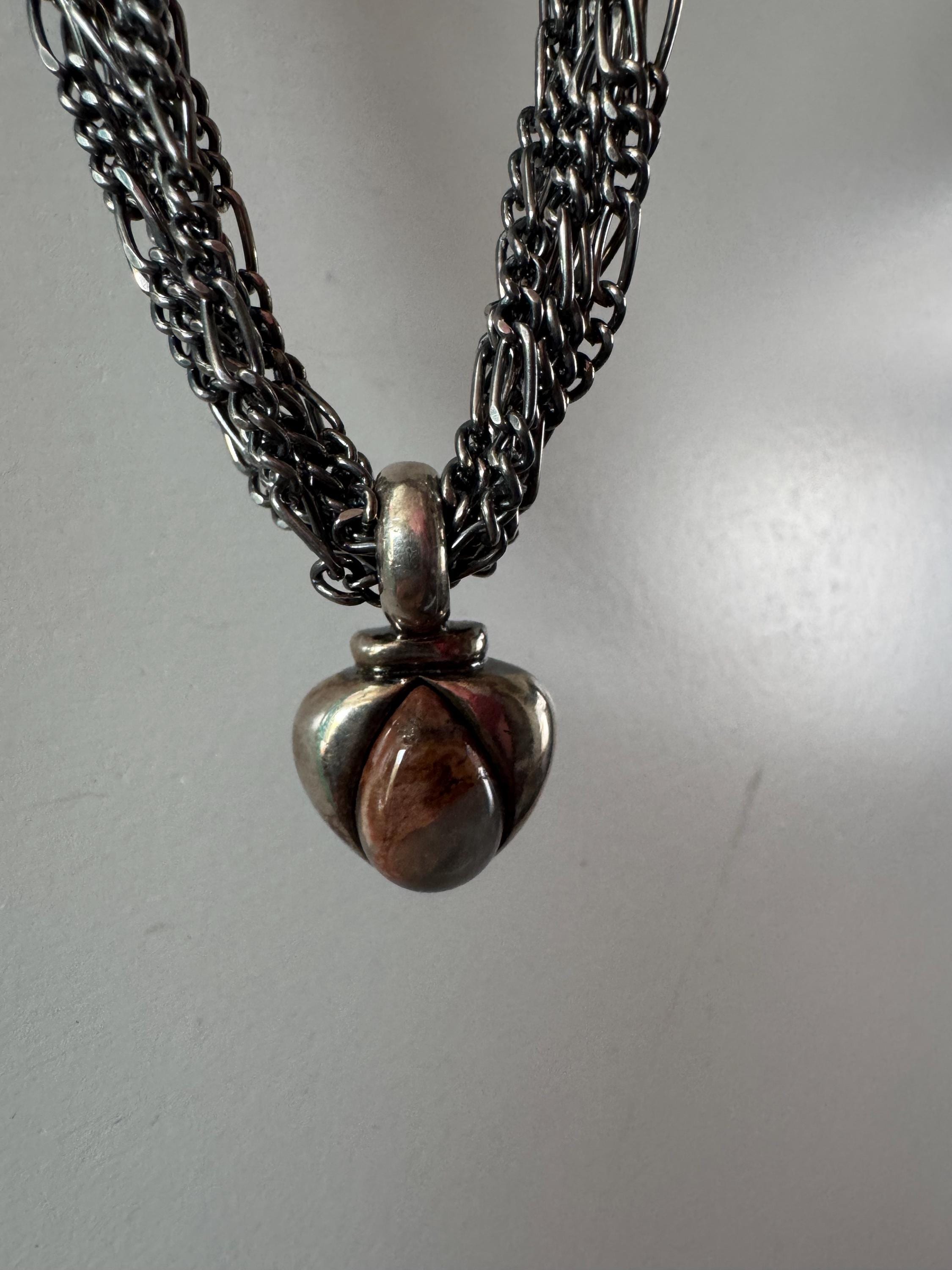 Signed David Grau silver Multistrand figaro choker necklace with gemstone pendant