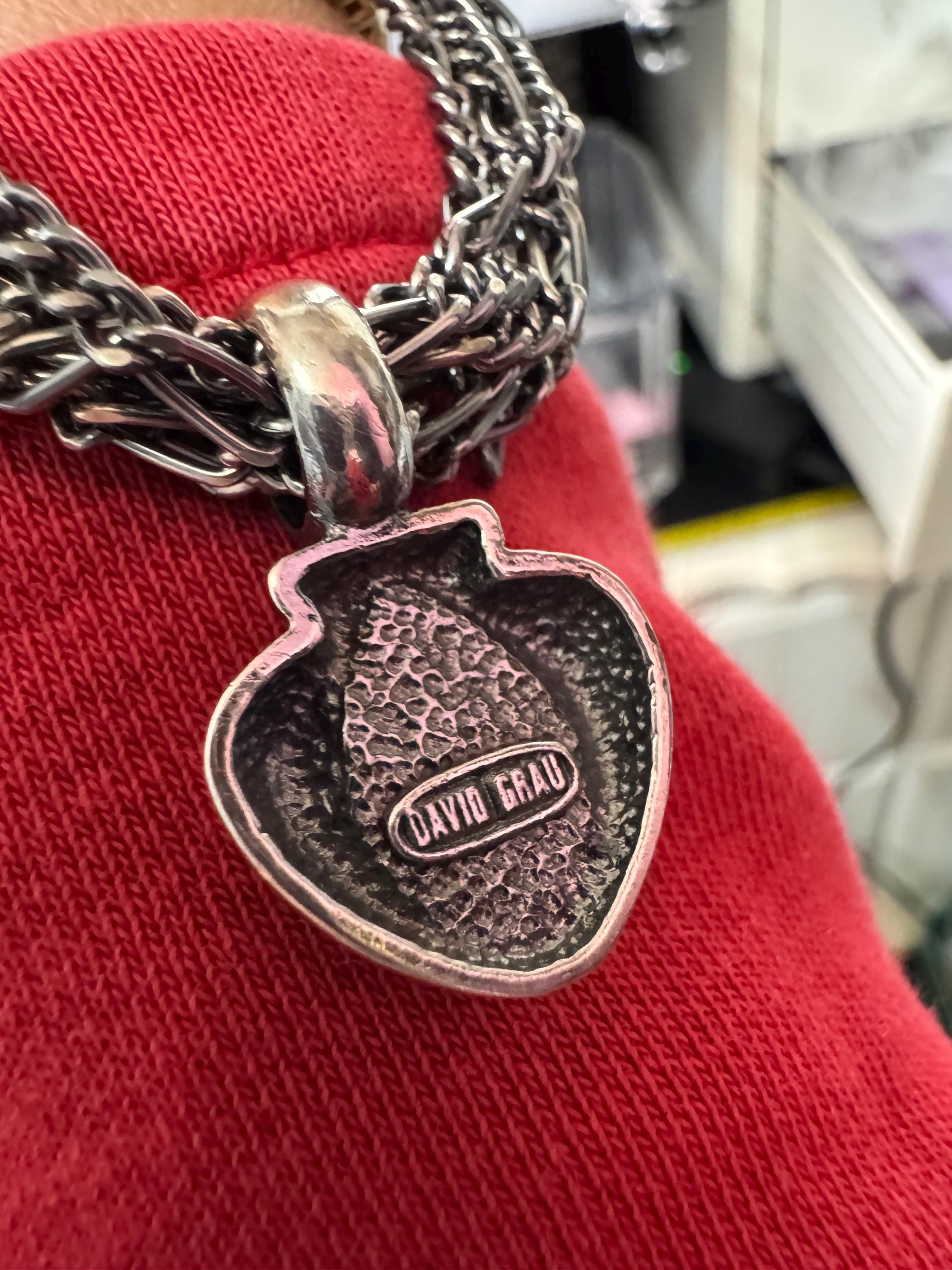 Signed David Grau silver Multistrand figaro choker necklace with gemstone pendant