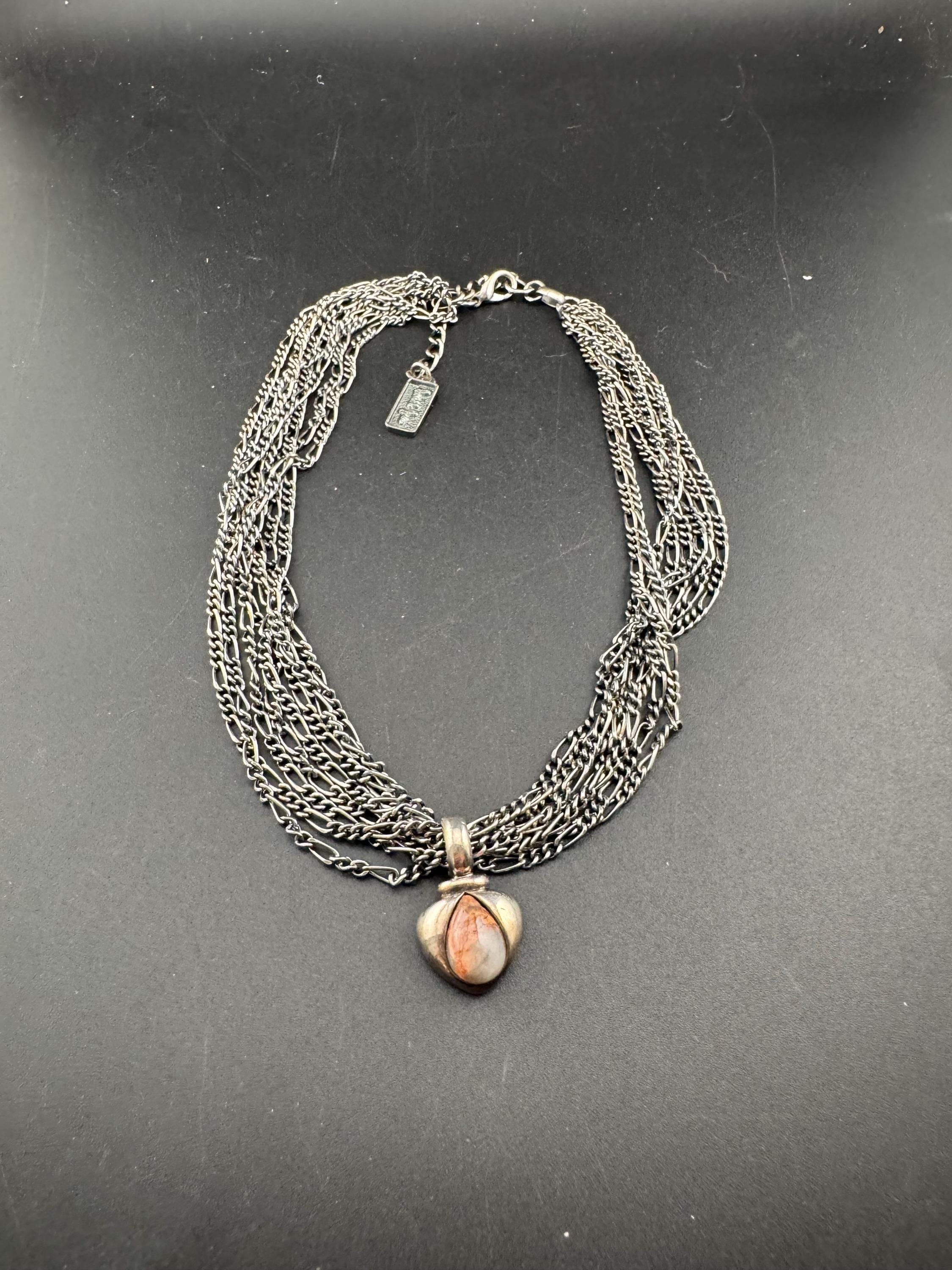 Signed David Grau silver Multistrand figaro choker necklace with gemstone pendant