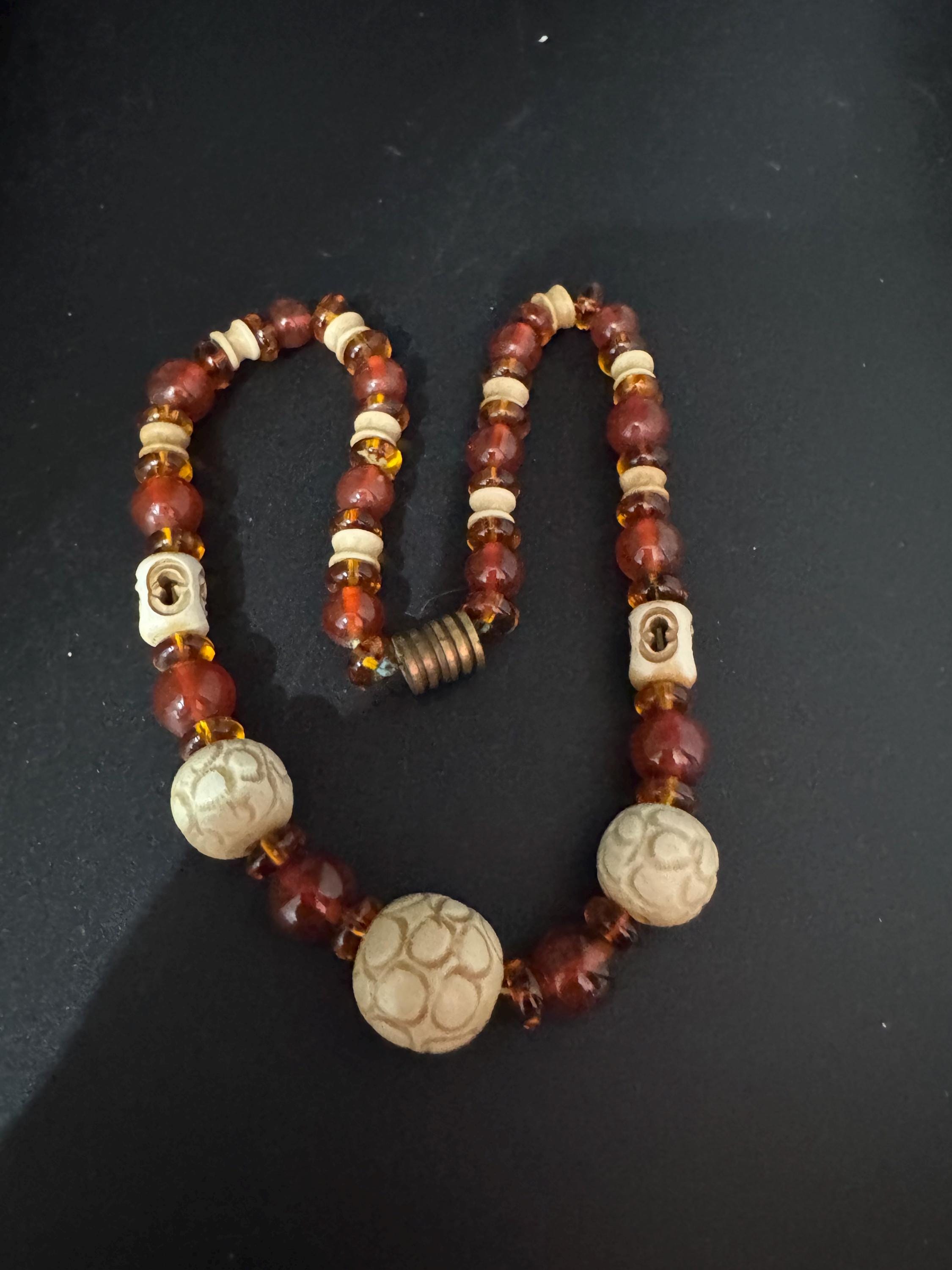 antique Louis rousselet brown cream beaded collar necklace , uv reactive