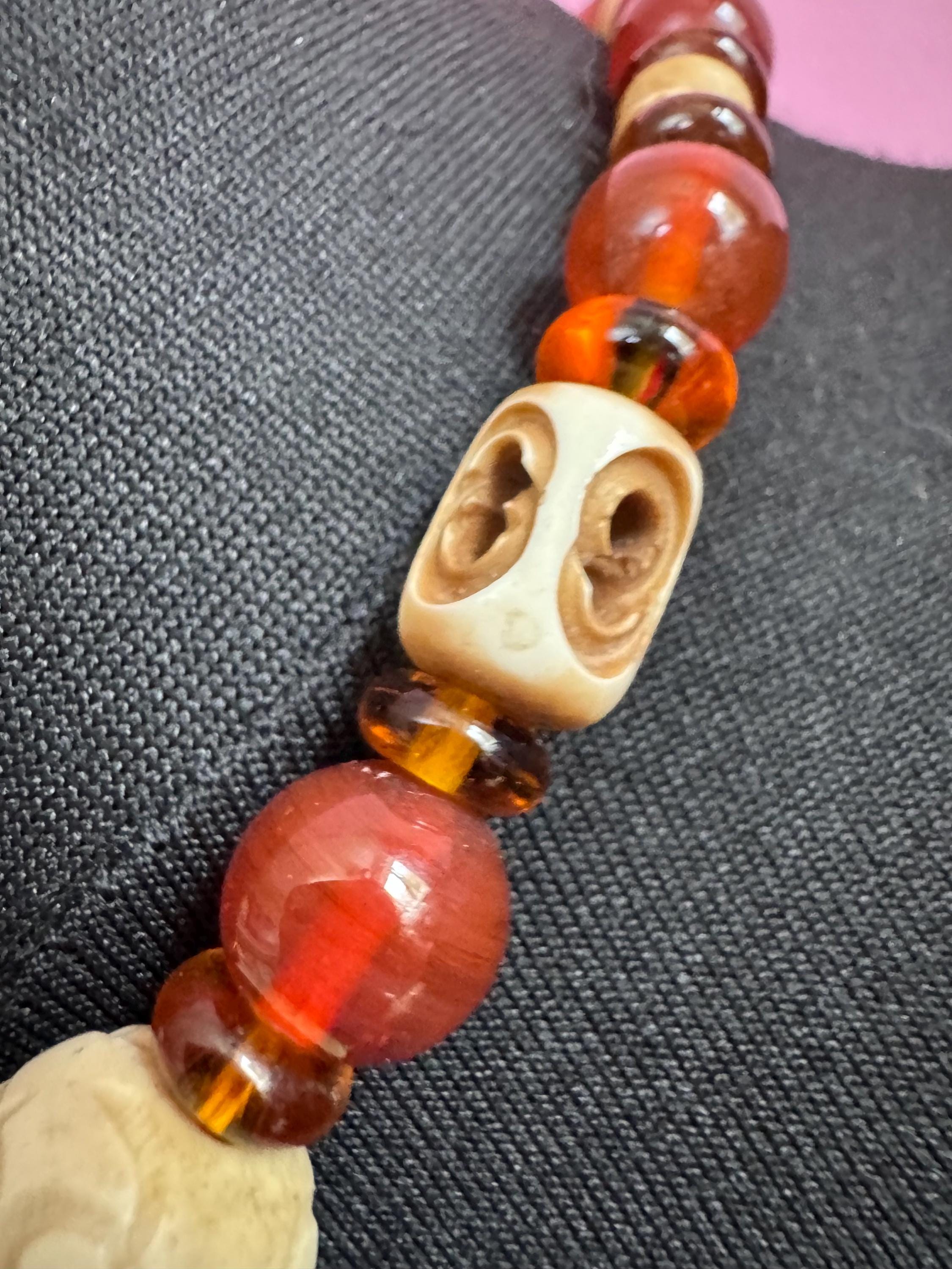 antique Louis rousselet brown cream beaded collar necklace , uv reactive